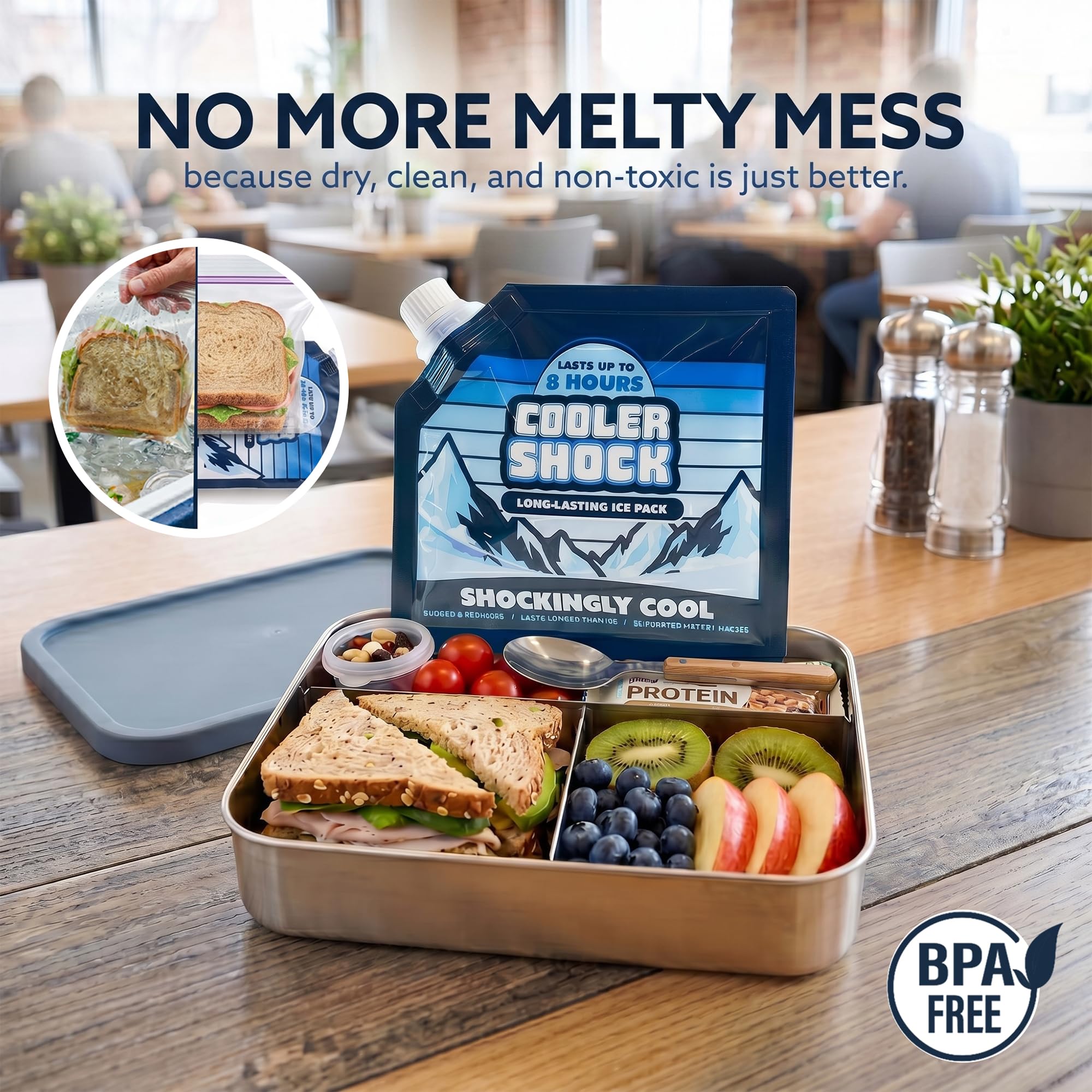 Cooler Shock pack dentro de una lonchera manteniendo alimentos fríos