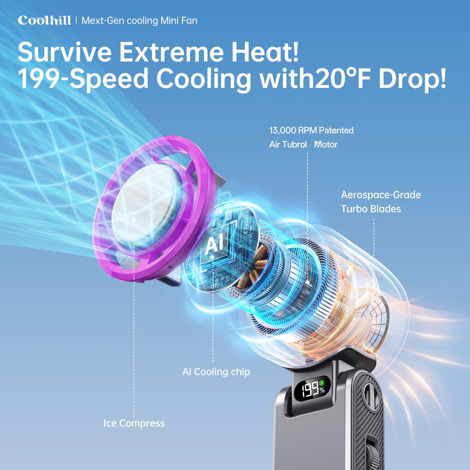 Coolhill ventilador en mano demostrando portabilidad y confort inmediato