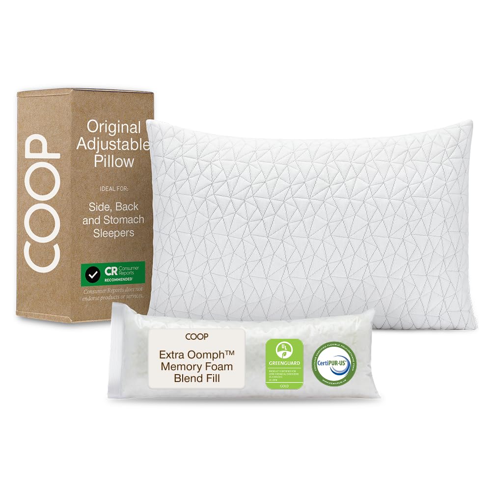 Coop Home Goods almohada frontal empaquetada mostrando tamaño king y confort