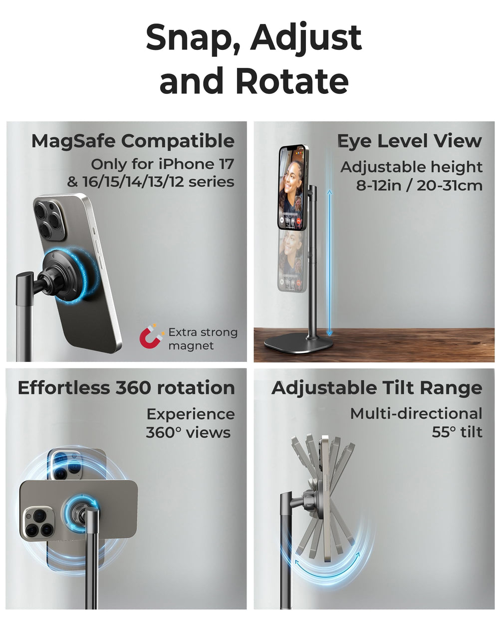 COOPER MagStand sosteniendo iPhone 17 en orientación vertical para videollamada