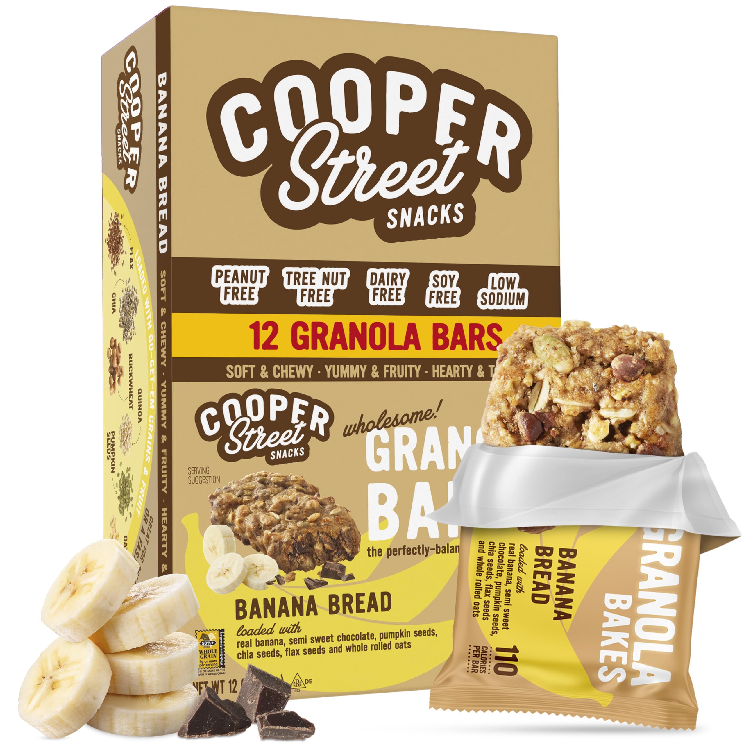 COOPER STREET frente del empaque mostrando sabor Banana Bread y ventaja escolar