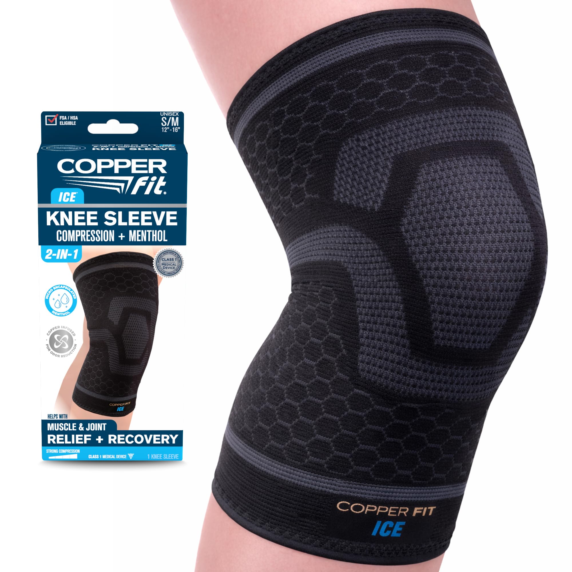 Copper Fit frente del empaque mostrando el manguito y beneficios visibles