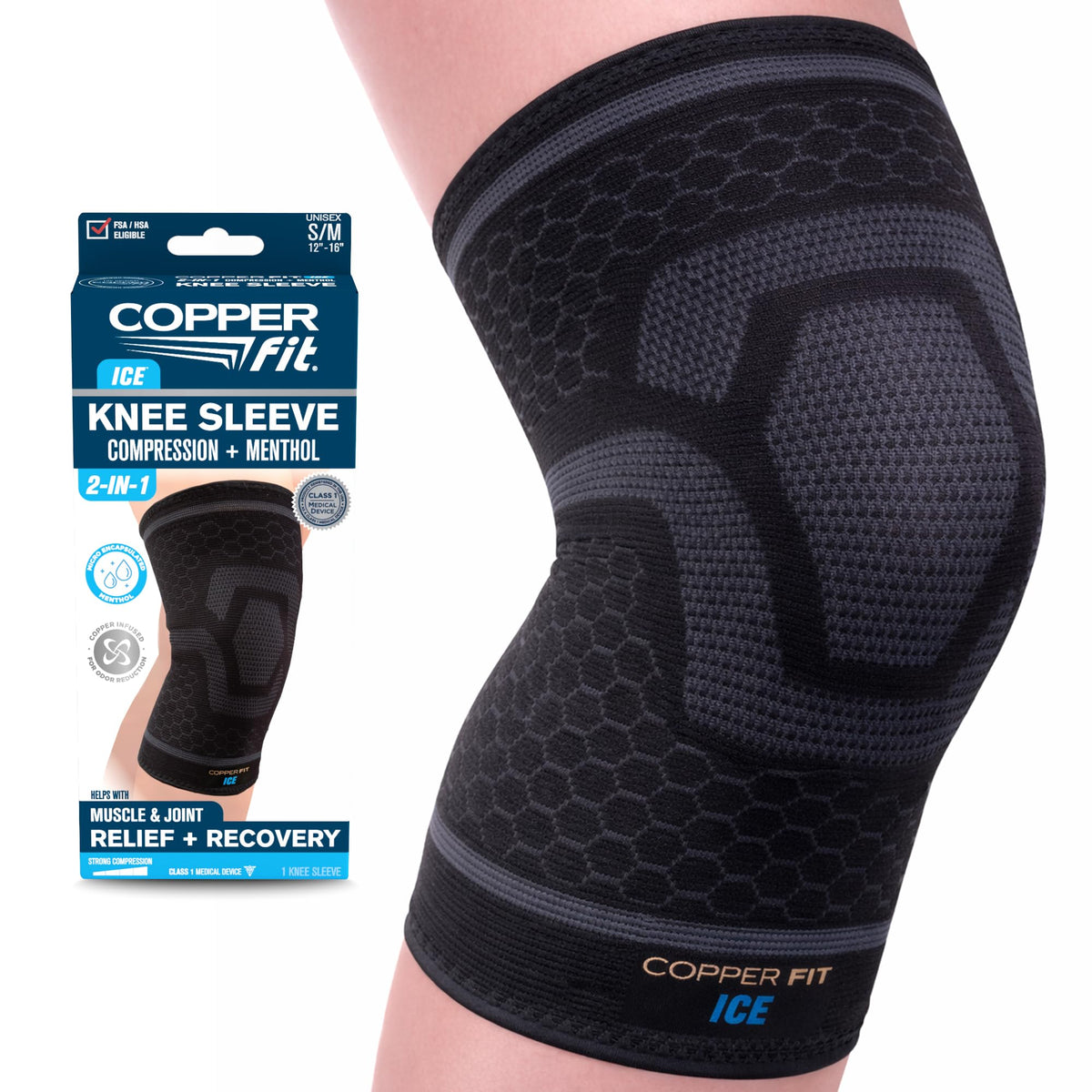Copper Fit frente del empaque mostrando el manguito y beneficios visibles