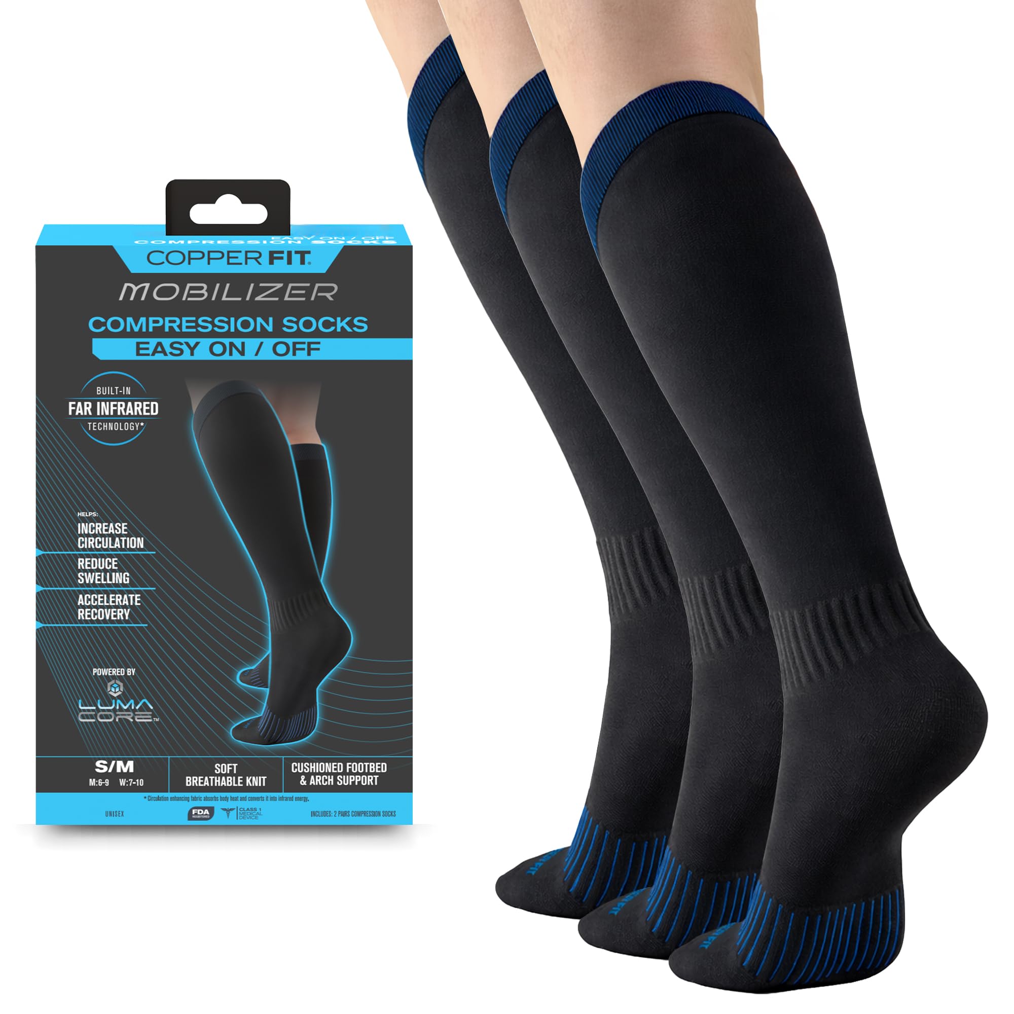 Copper Fit vista frontal del pack de tres calcetines, soporte cómodo