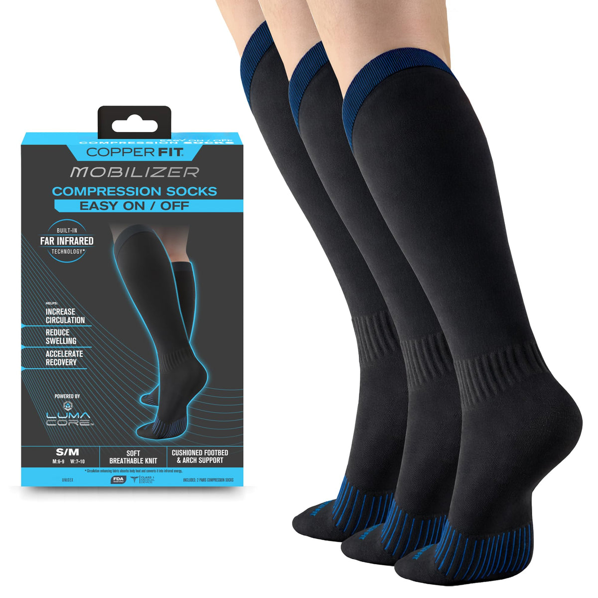 Copper Fit vista frontal del pack de tres calcetines, soporte cómodo