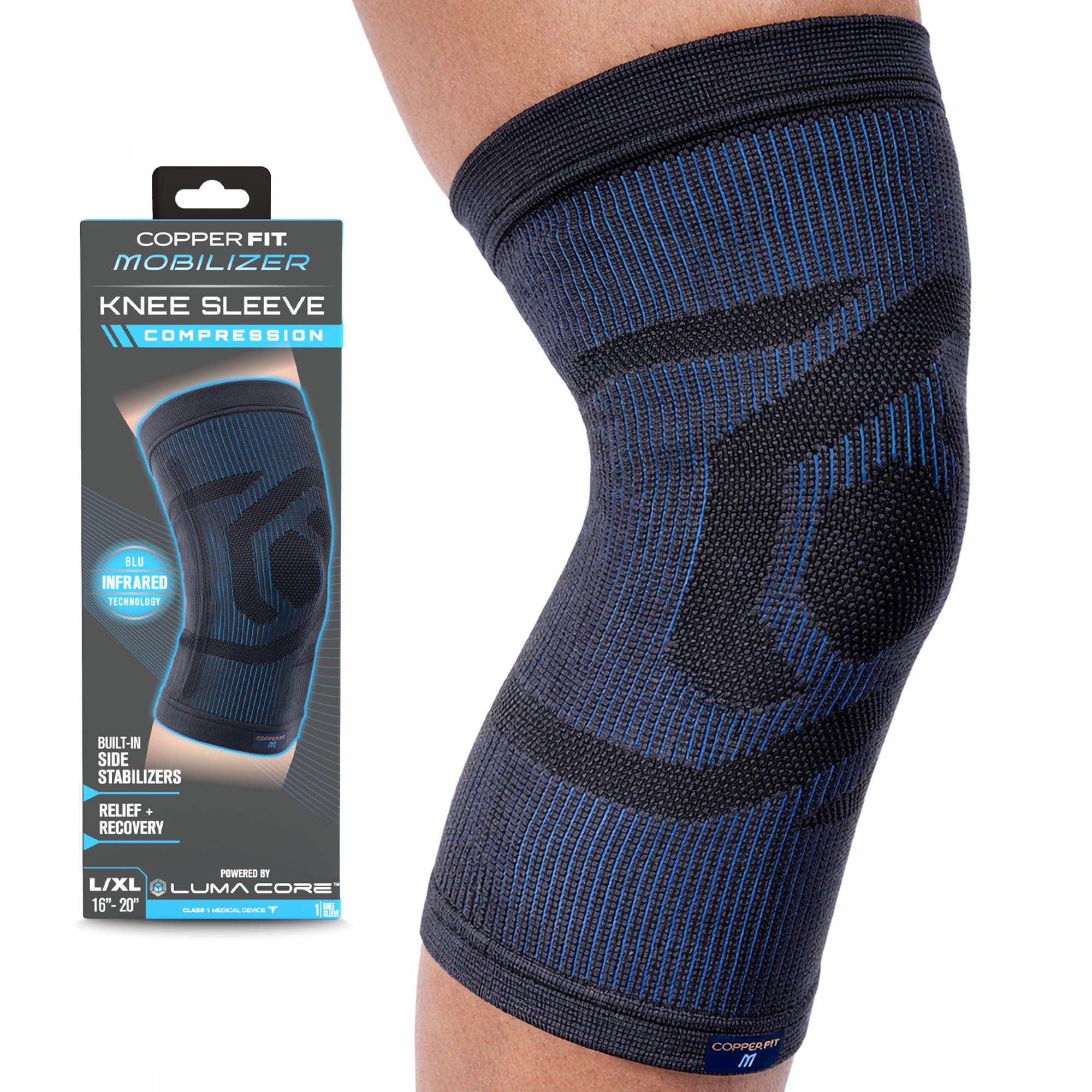 Copper Fit rodillera mobilizer vista frontal con ajuste cómodo y soporte