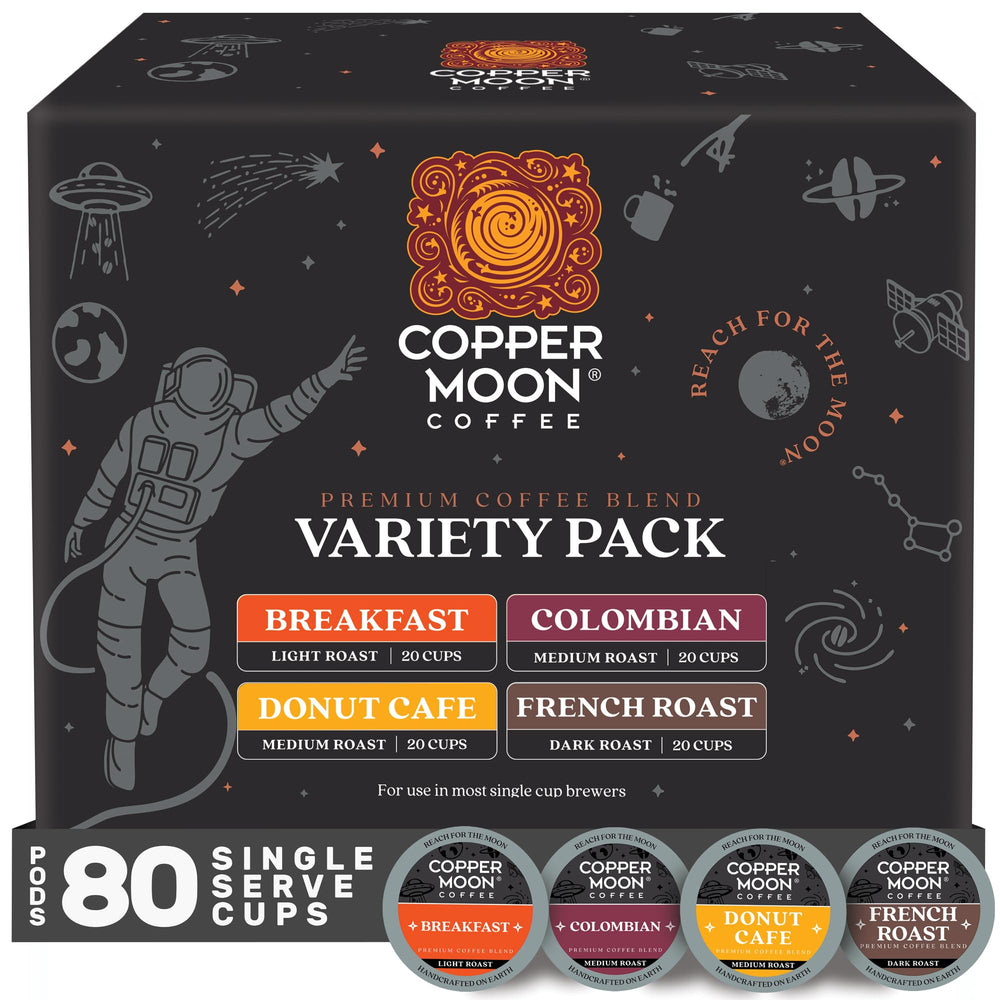 Copper Moon paquete frontal mostrando 80 cápsulas y variedad de mezclas, conveniencia diaria