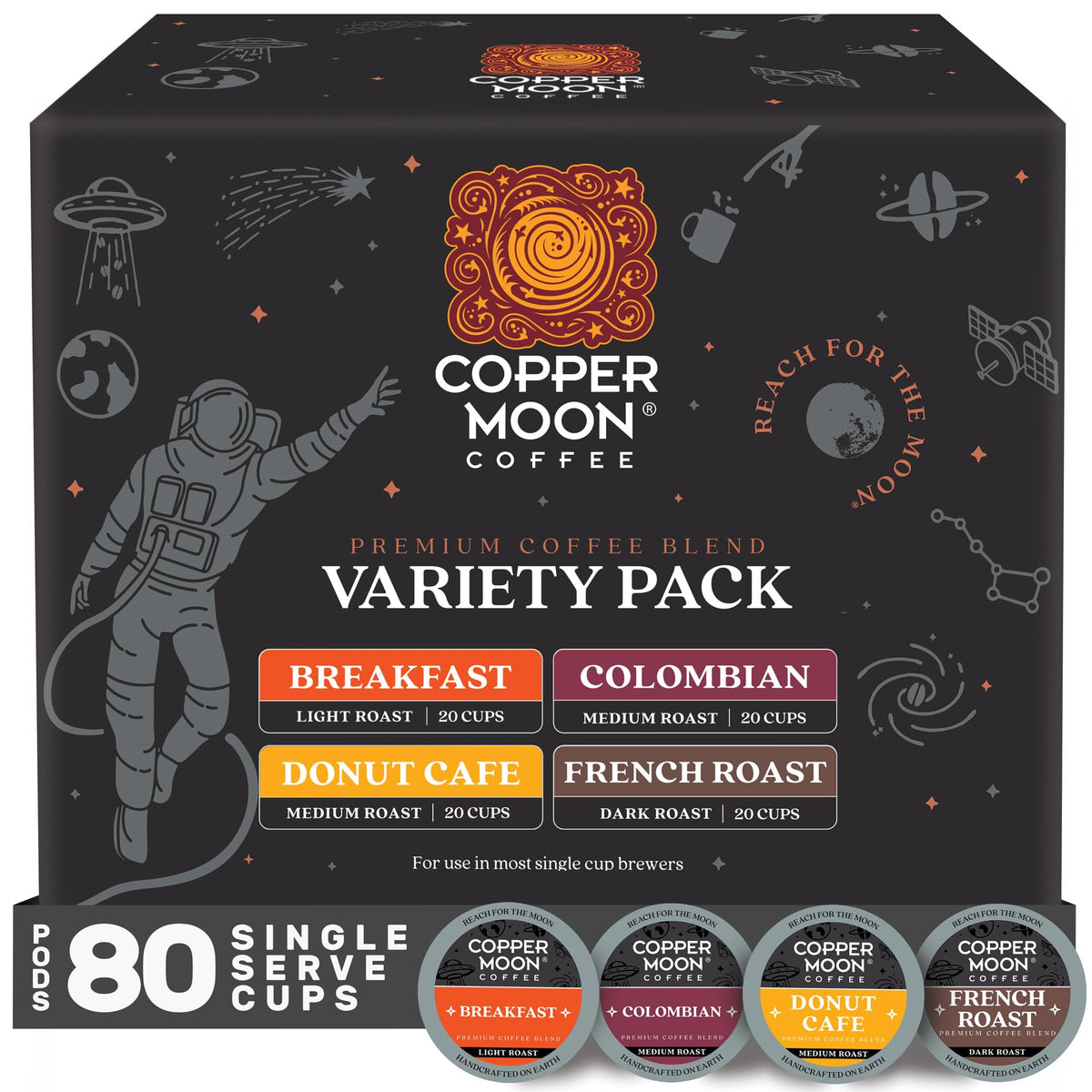 Copper Moon paquete frontal mostrando 80 cápsulas y variedad de mezclas, conveniencia diaria