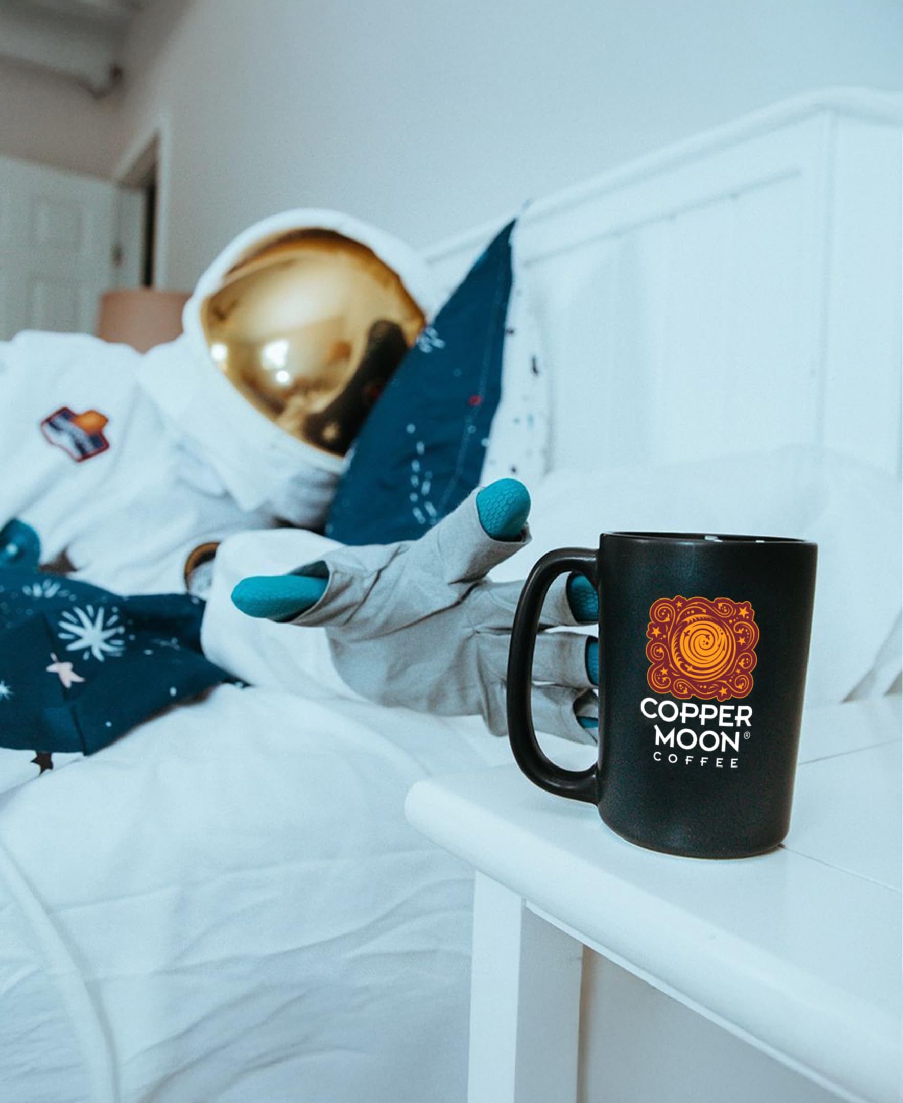 Copper Moon brewed cup in kitchen lifestyle scene indicating satisfying morning ritual
