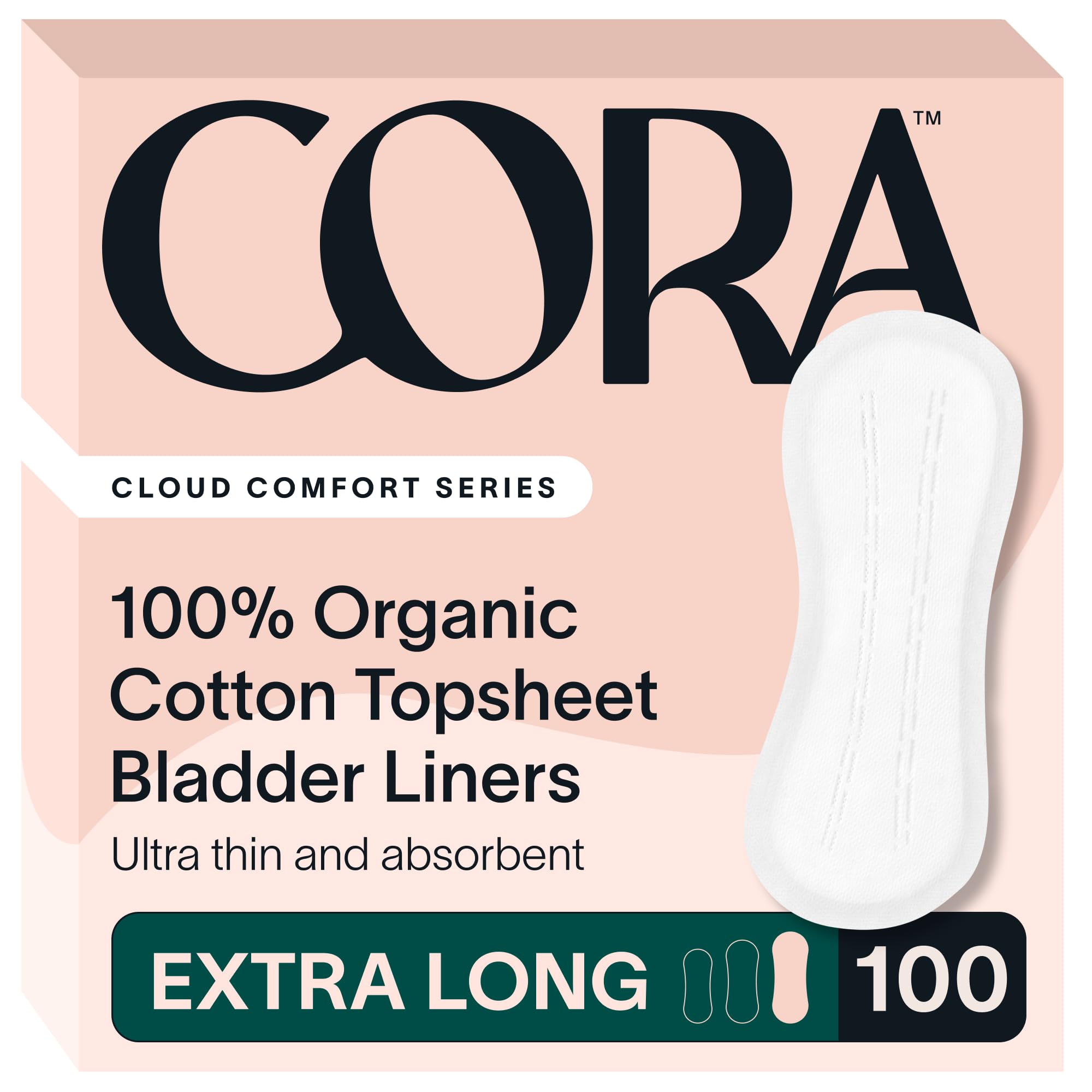 Cora empaque frontal de forros vejiga extra largos mostrando cantidad y marca, comodidad inmediata