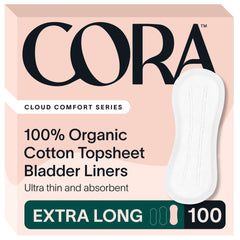 Cora empaque frontal de forros vejiga extra largos mostrando cantidad y marca, comodidad inmediata