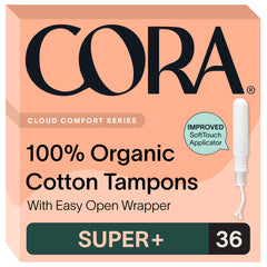 Cora paquete frontal de tampones Super Plus mostrando cantidad y diseño