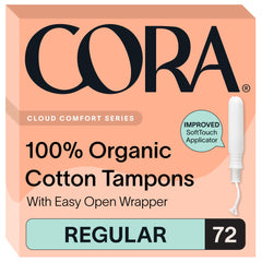 Cora paquete frontal que muestra 72 tampones y beneficios naturales