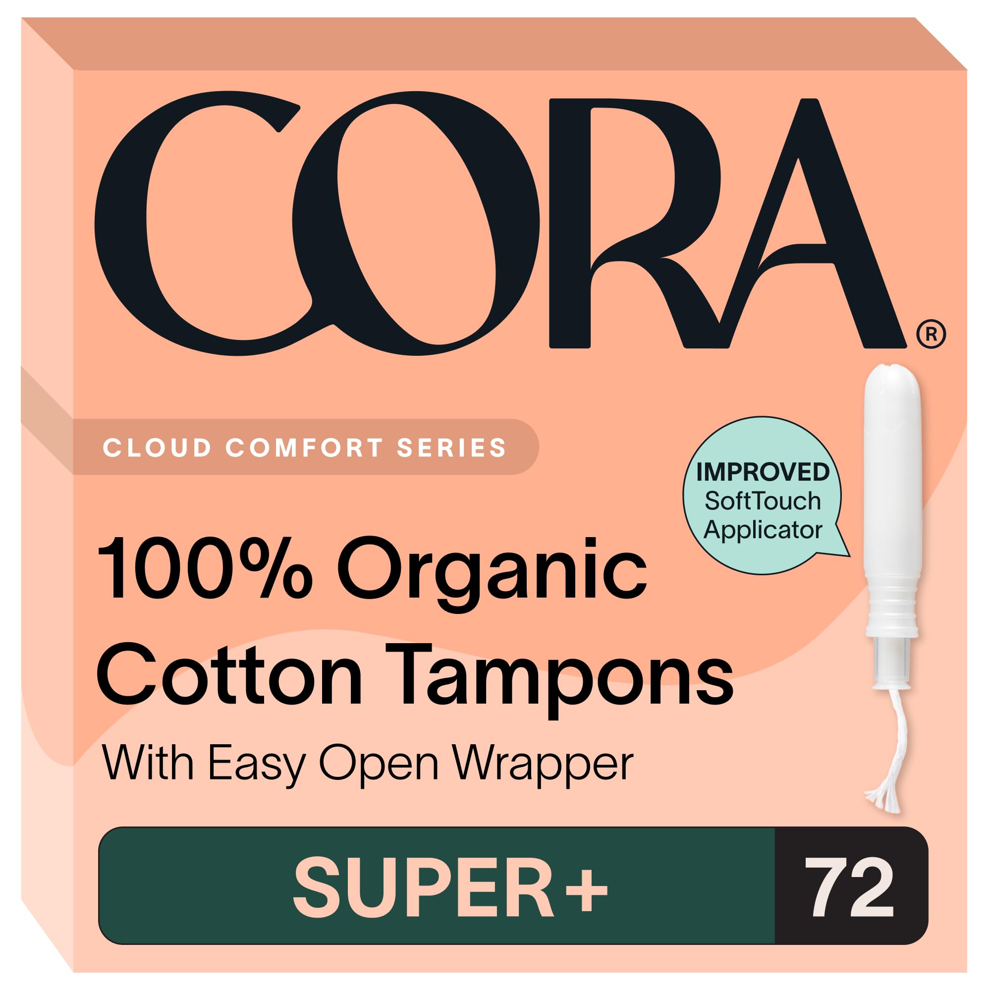 Cora empaque frontal mostrando 72 tampones Super Plus y beneficios