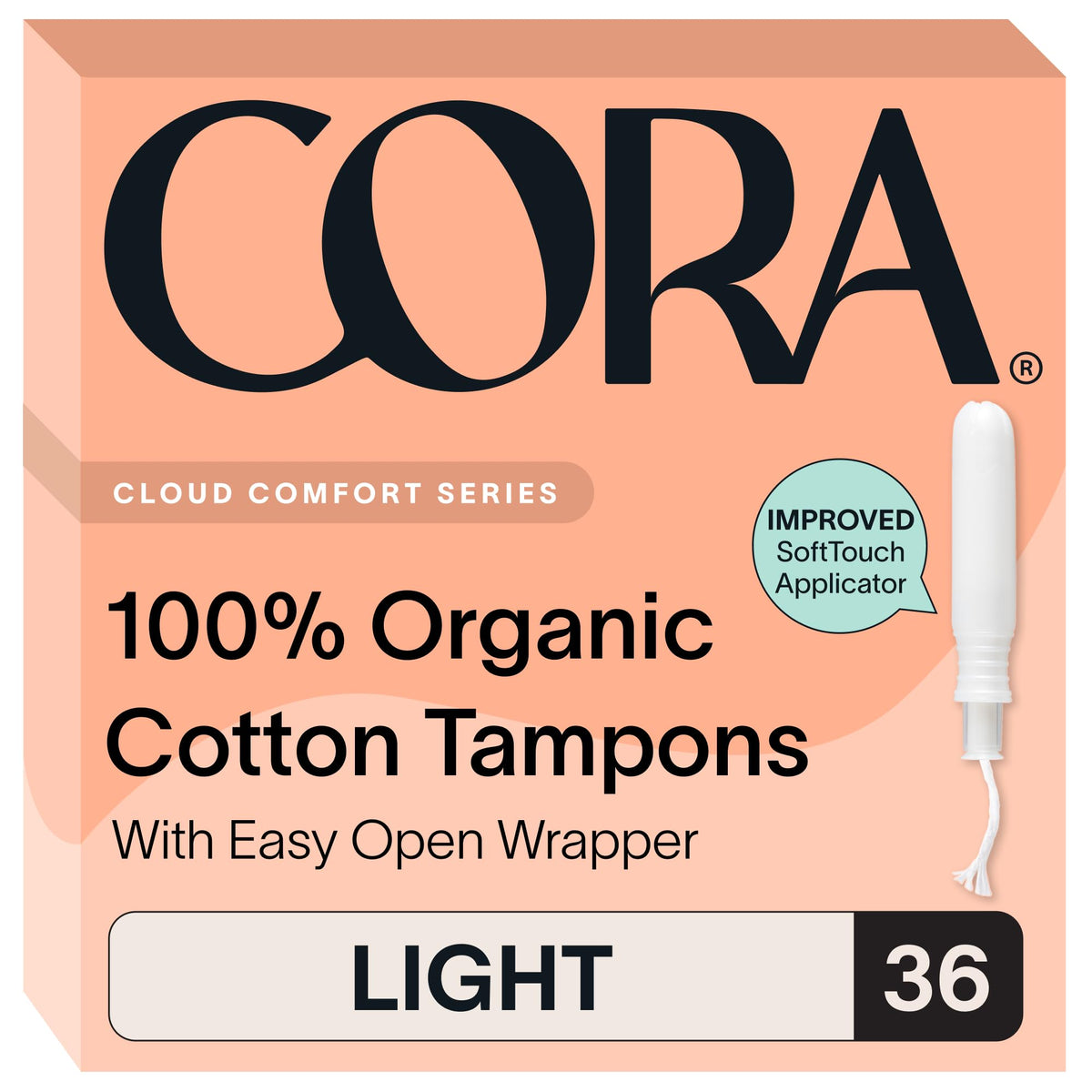 Cora pack frontal mostrando 36 tampones y diseño compacto