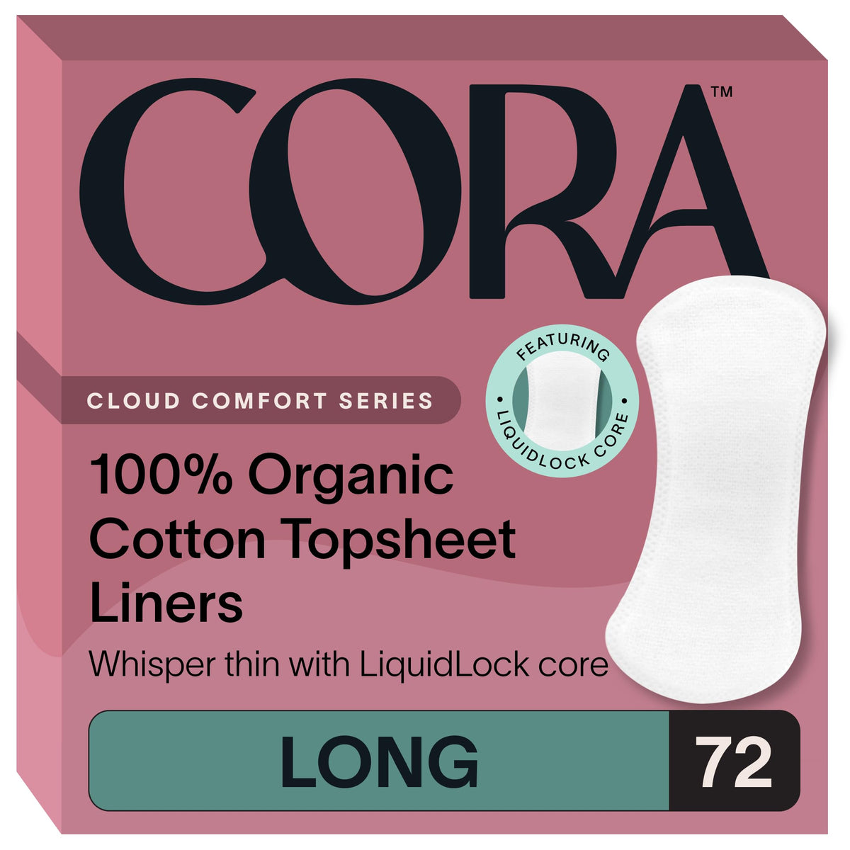 Cora empaque frontal mostrando topsheet de algodón orgánico y protección cómoda