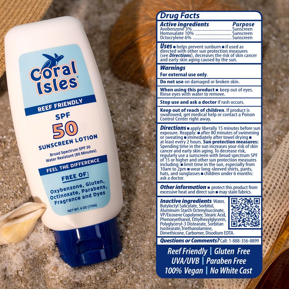 Coral Isles etiqueta SPF 50 legible indicando amplio espectro