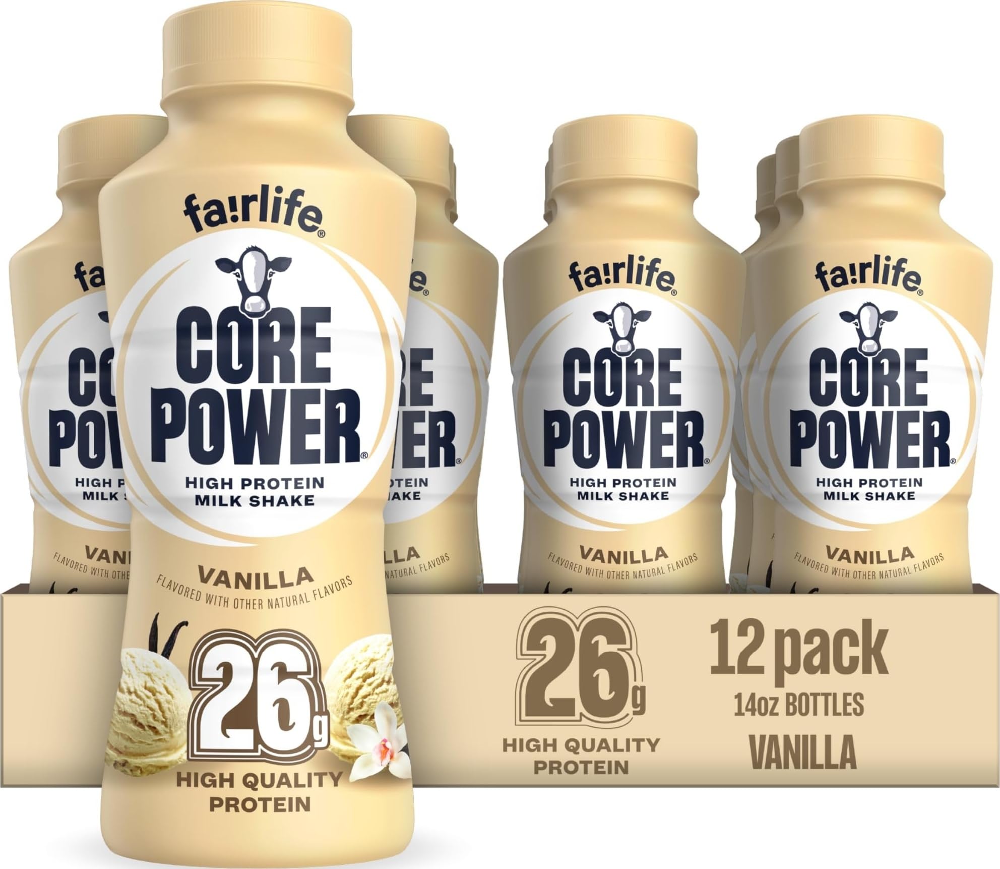 Core Power botella frontal vainilla mostrando etiqueta y tamaño, conveniencia inmediata