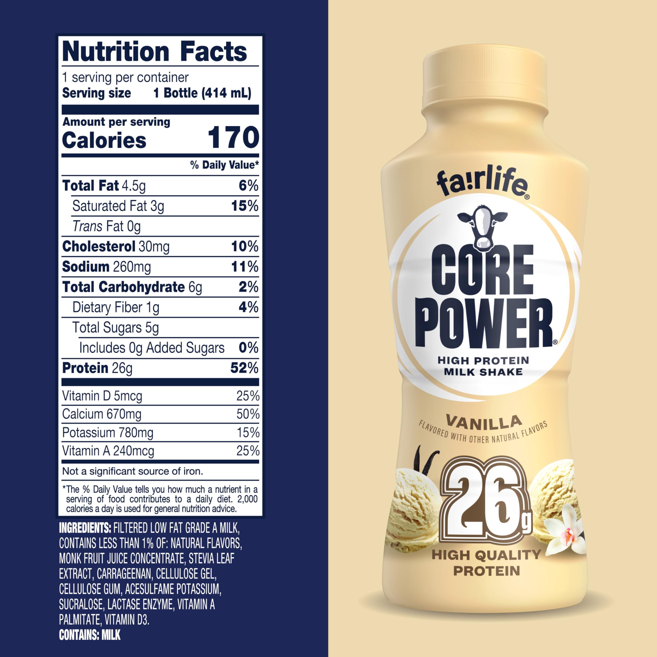 Core Power ingrediente leche ultra-filtrada en primer plano, proteína concentrada