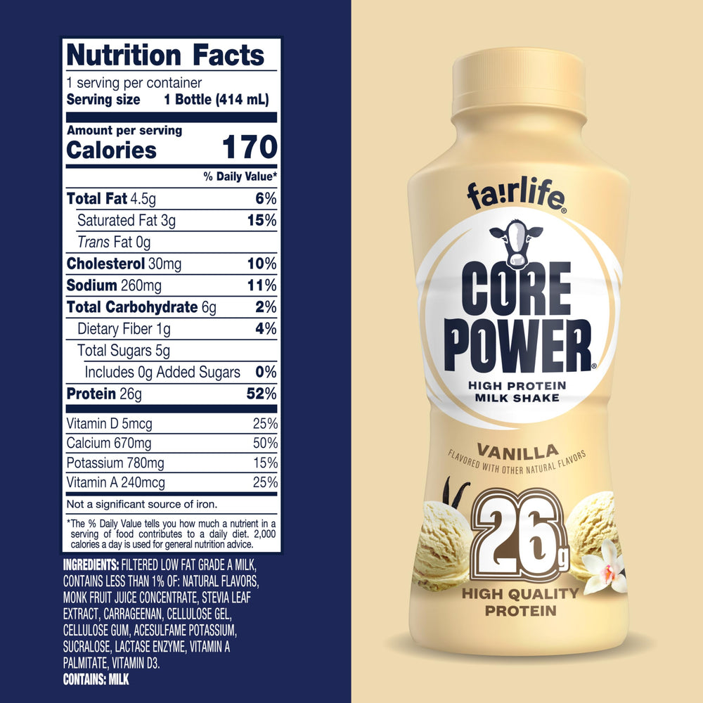 Core Power ingrediente leche ultra-filtrada en primer plano, proteína concentrada