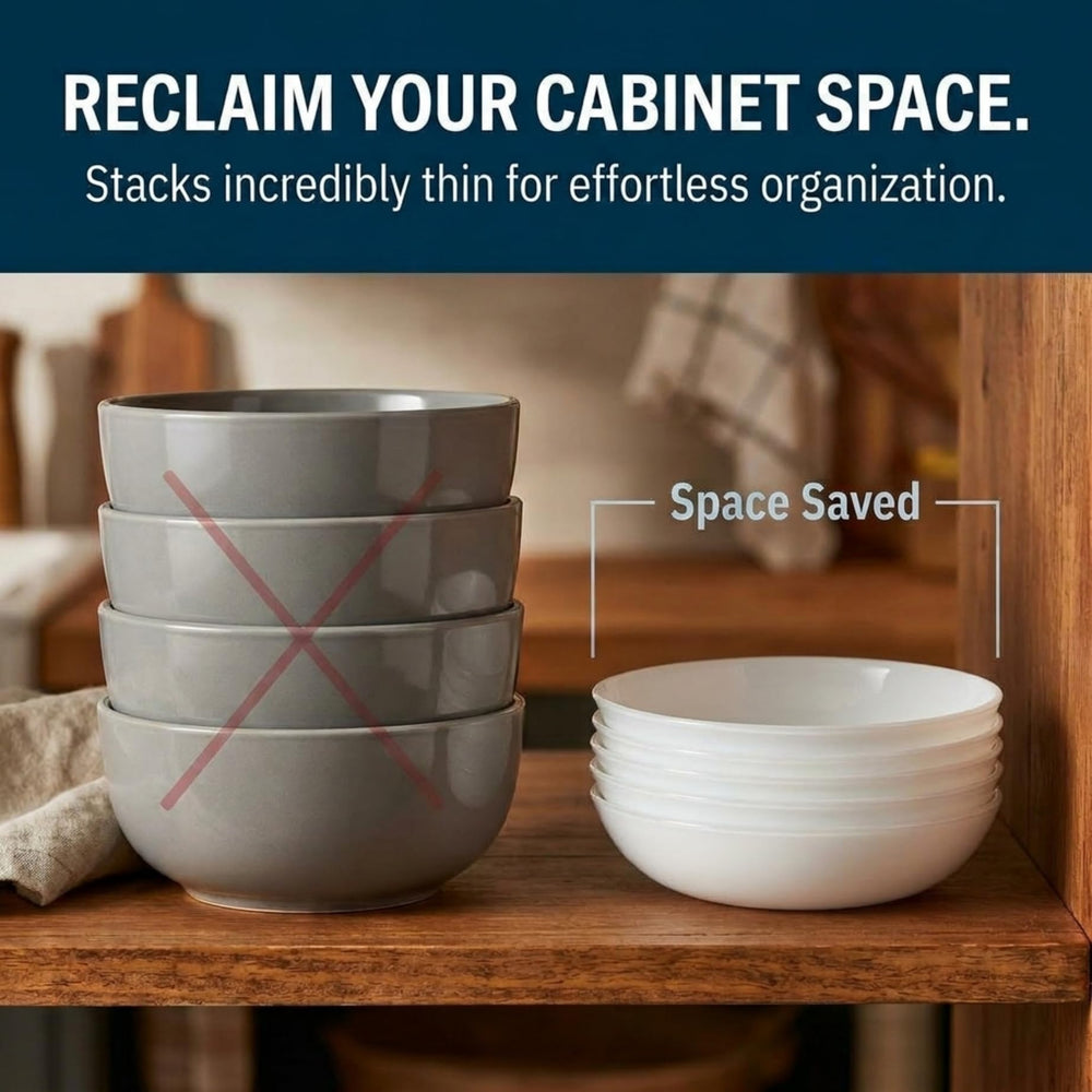 Corelle tazón junto a utensilios para comparar tamaño práctico