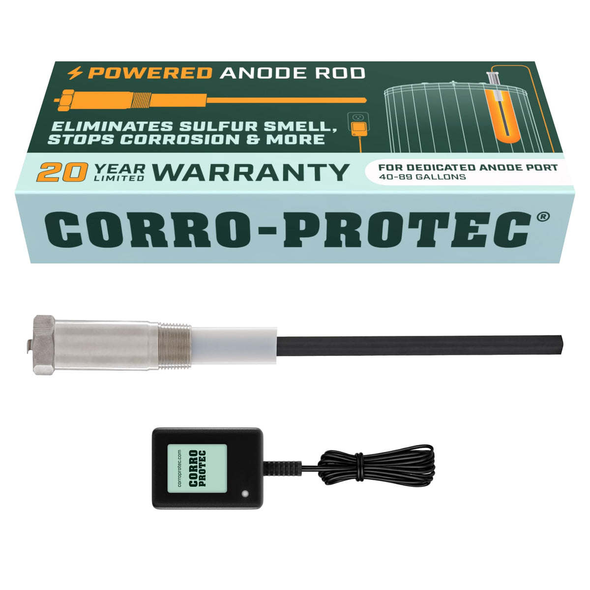 Corro-Protec vista frontal del anodo y empaque, protección prolongada