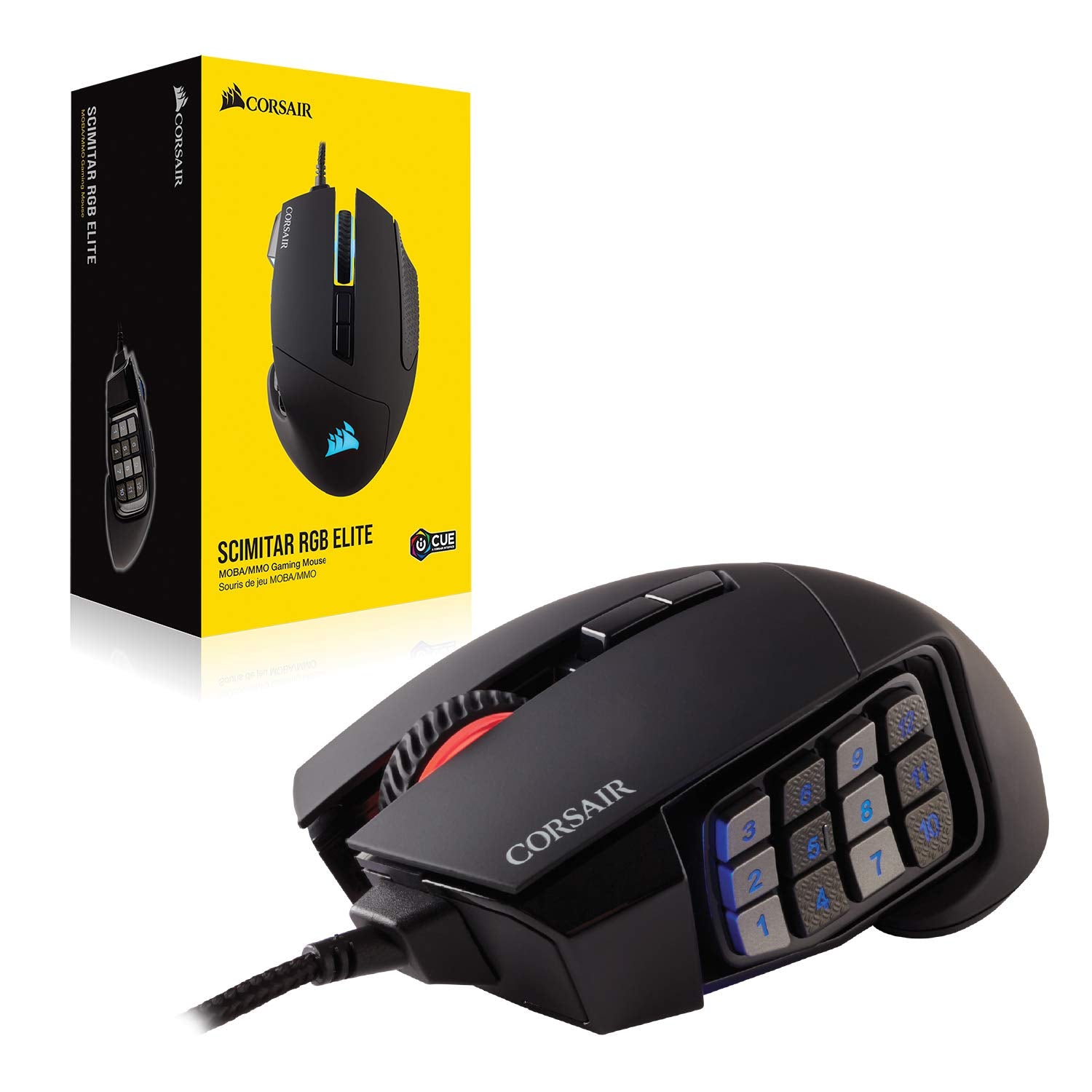 Corsair Scimitar empaque y etiqueta mostrando compatibilidad y especificaciones