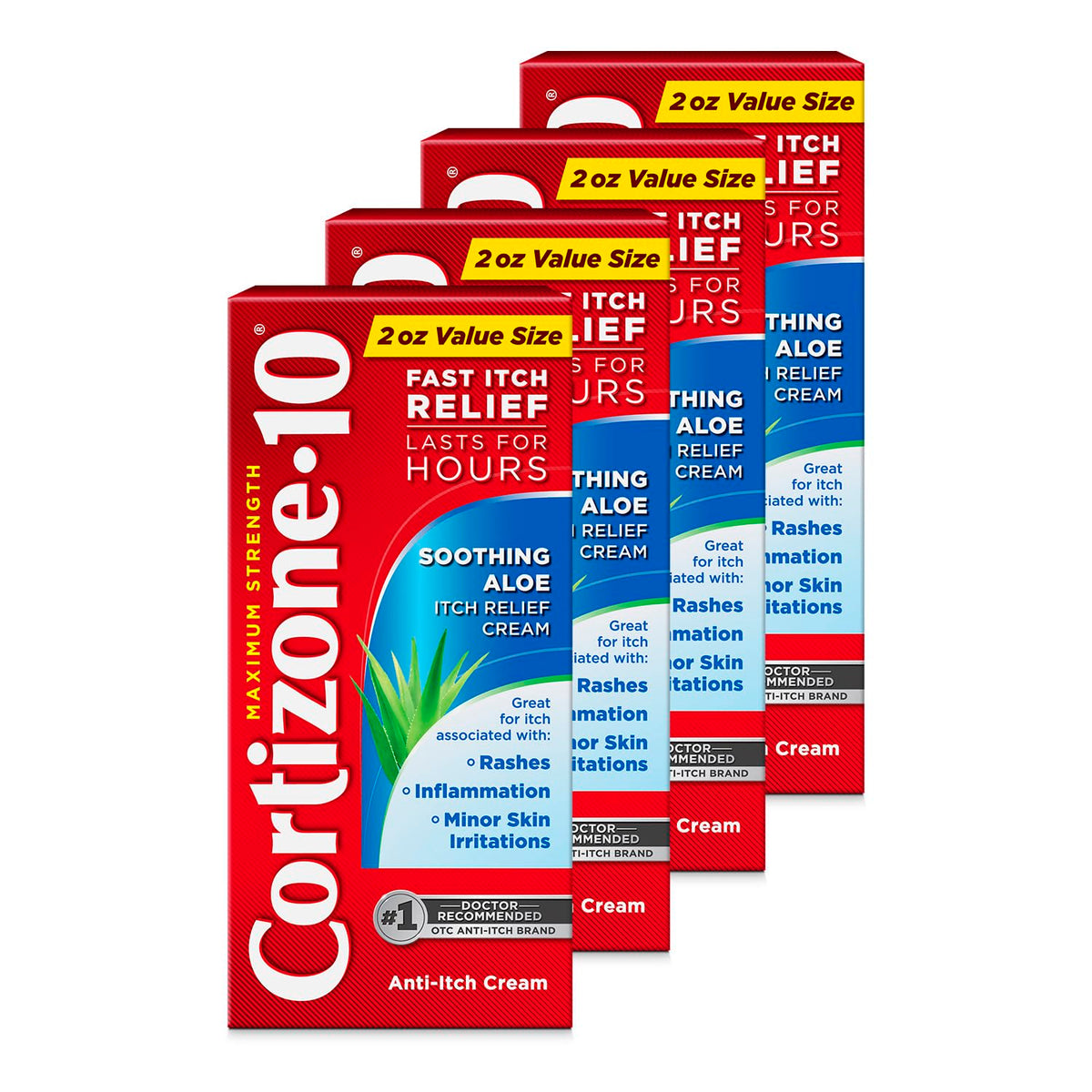 Cortizone 10 frente del empaque mostrando el pack de cuatro tubos y uso práctico