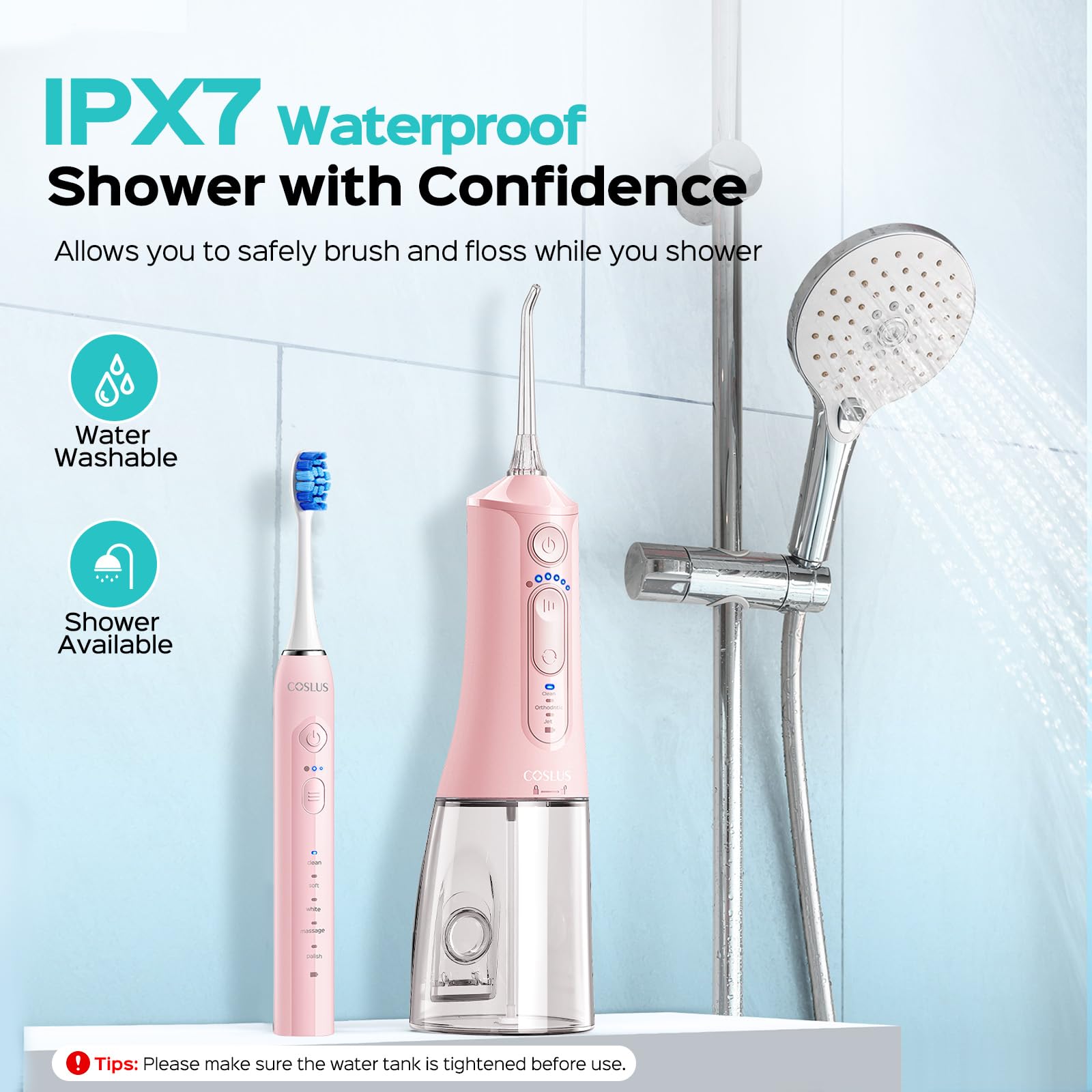 COSLUS irrigador en uso junto al lavabo mostrando higiene rápida y práctica