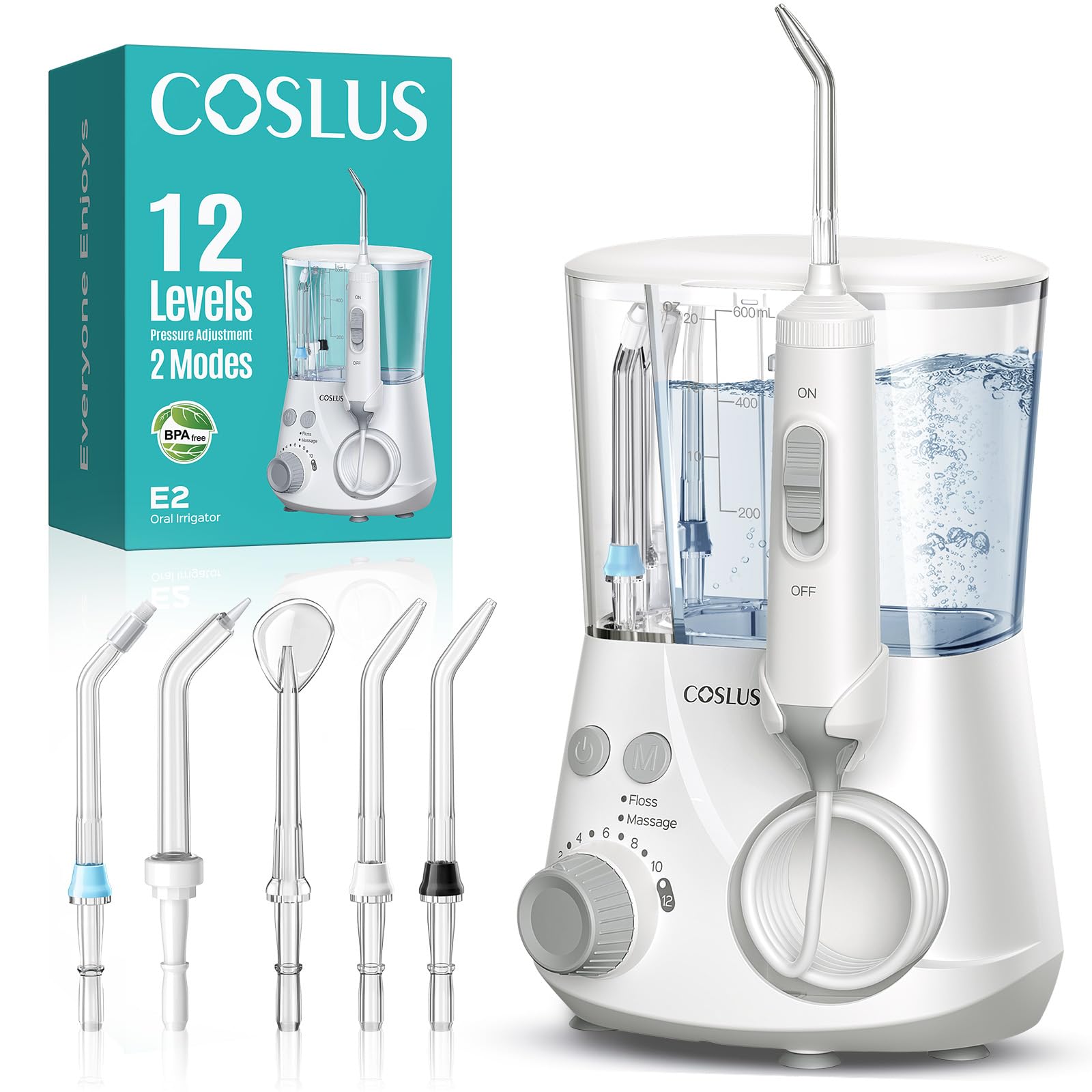 COSLUS E2 vista frontal del irrigador con controles y base, limpieza eficaz