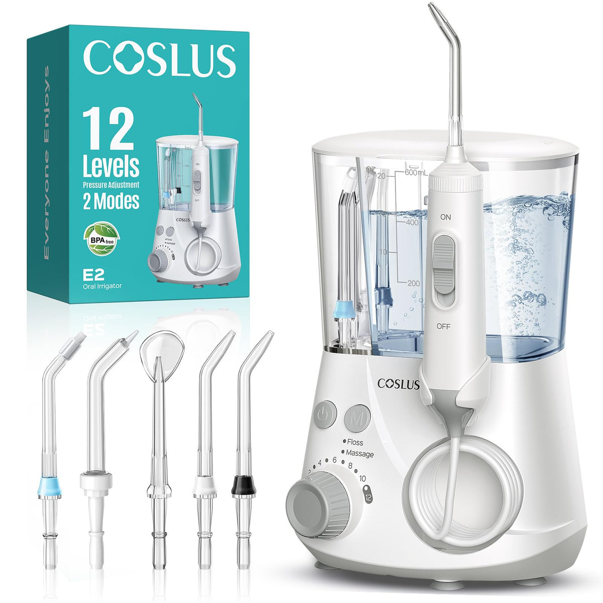 COSLUS E2 vista frontal del irrigador con controles y base, limpieza eficaz