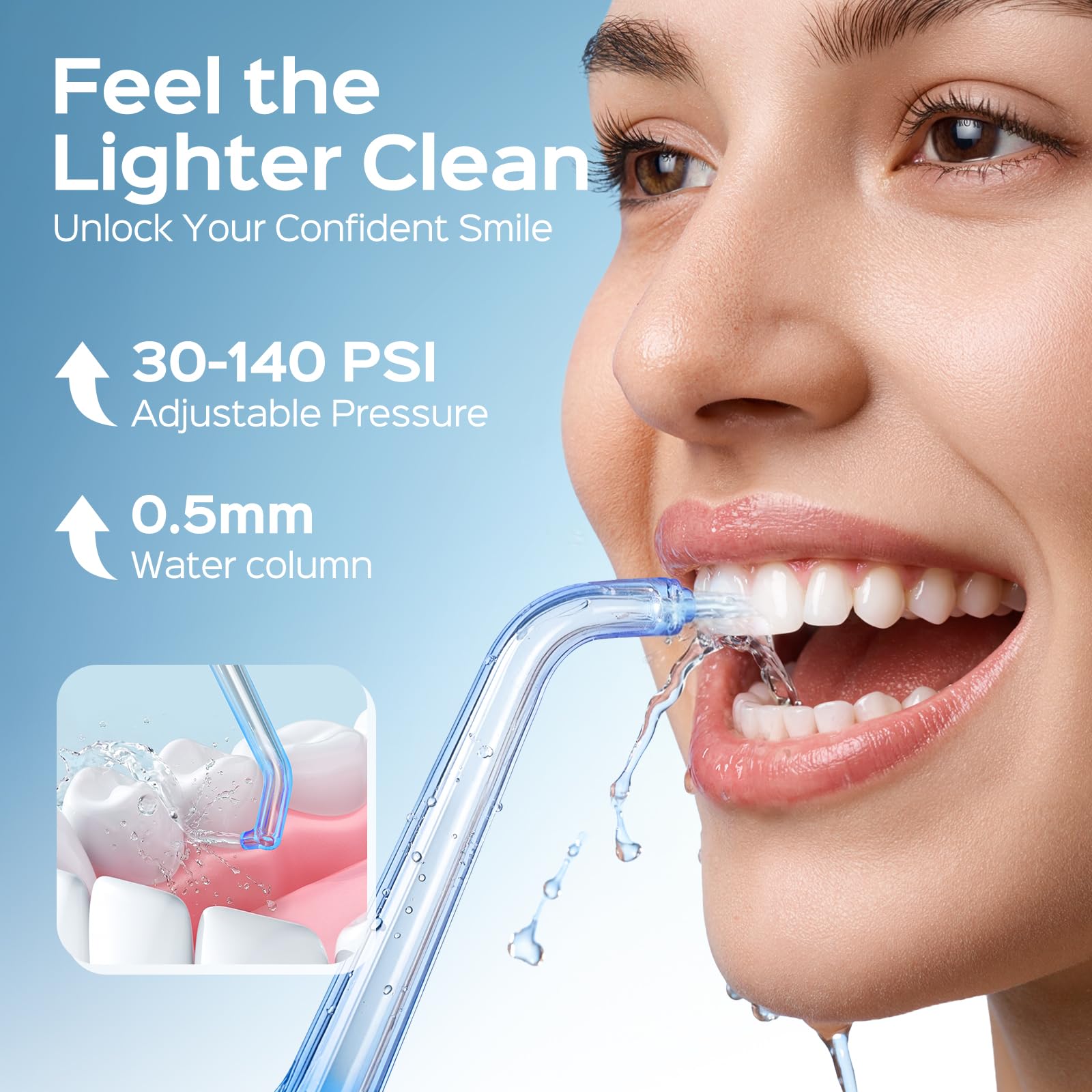 COSLUS T50 en uso por viajero, limpieza interdental cómoda fuera de casa