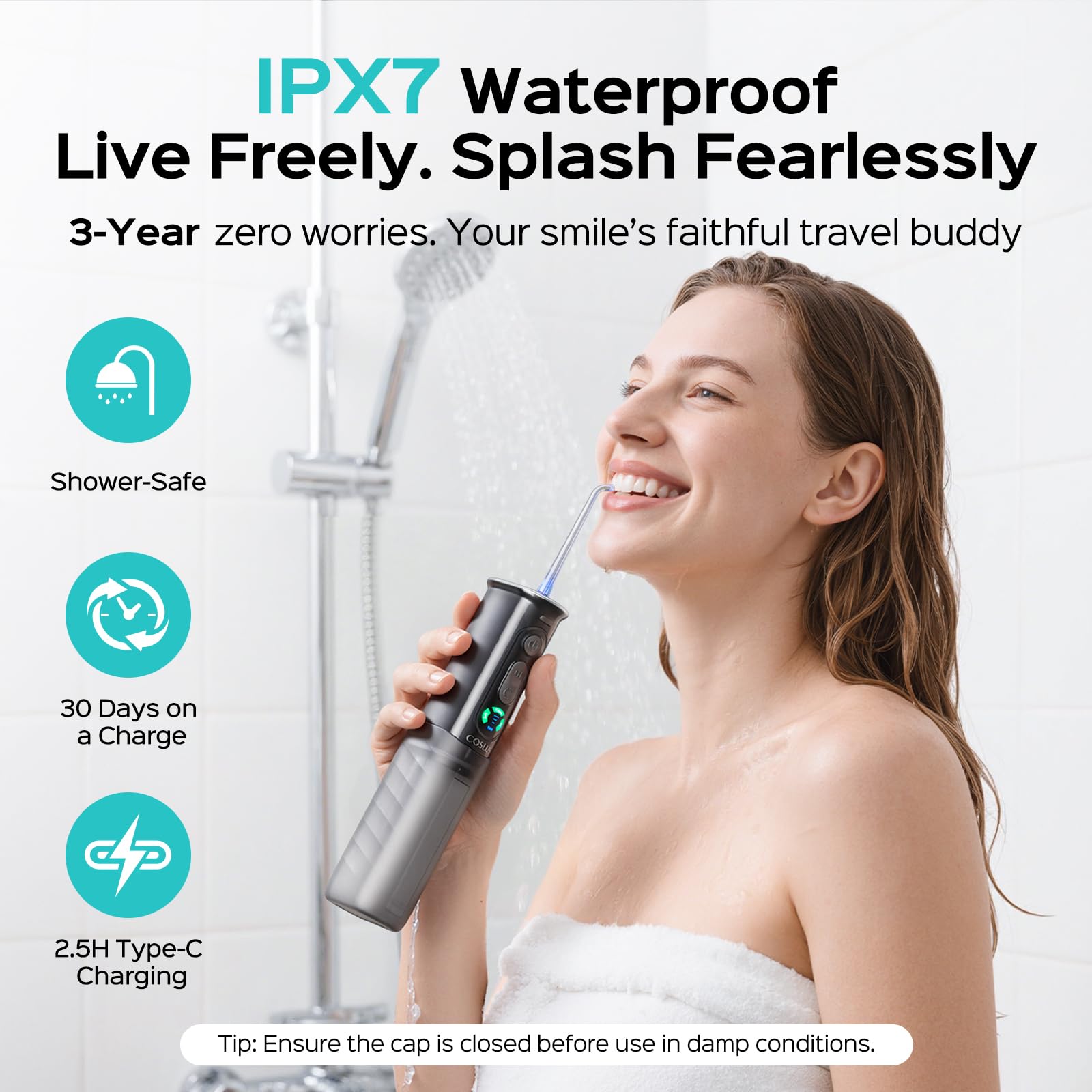 COSLUS T50 detalle IPX7 resistente al agua, limpieza sin preocupaciones