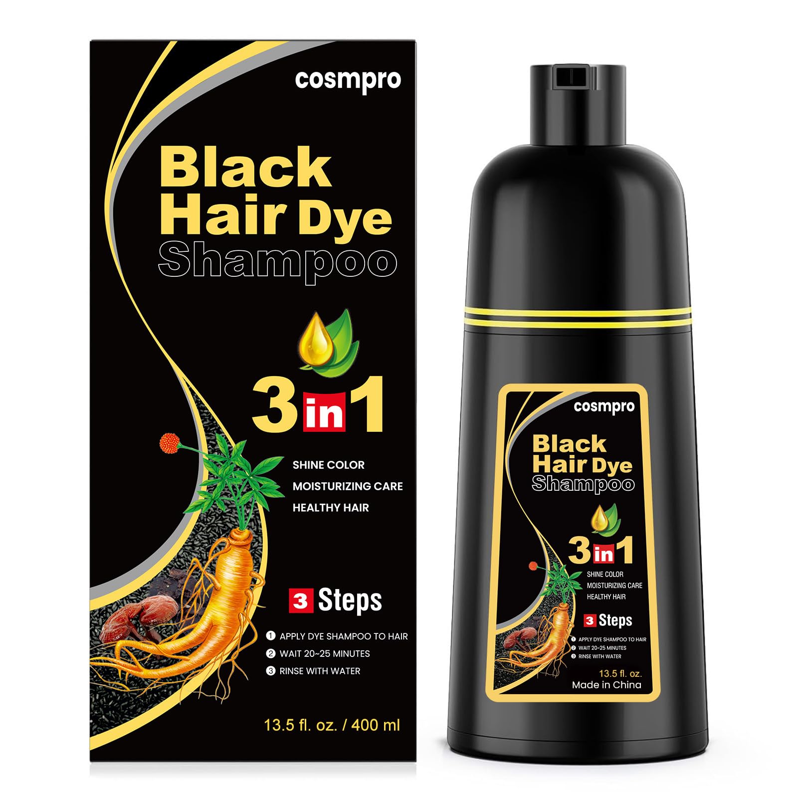cosmpro envase frontal champú tinte negro mostrando etiqueta y beneficio cobertura