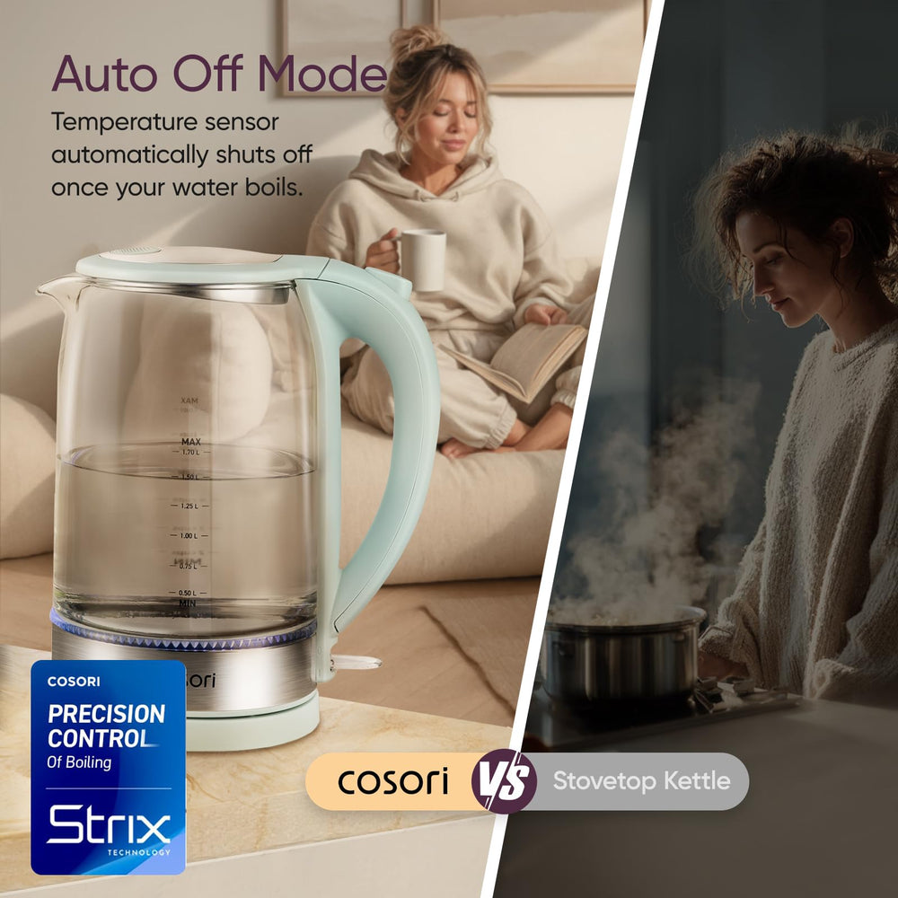 Cosori tamaño comparado con tazas para apreciar la capacidad 1.7L