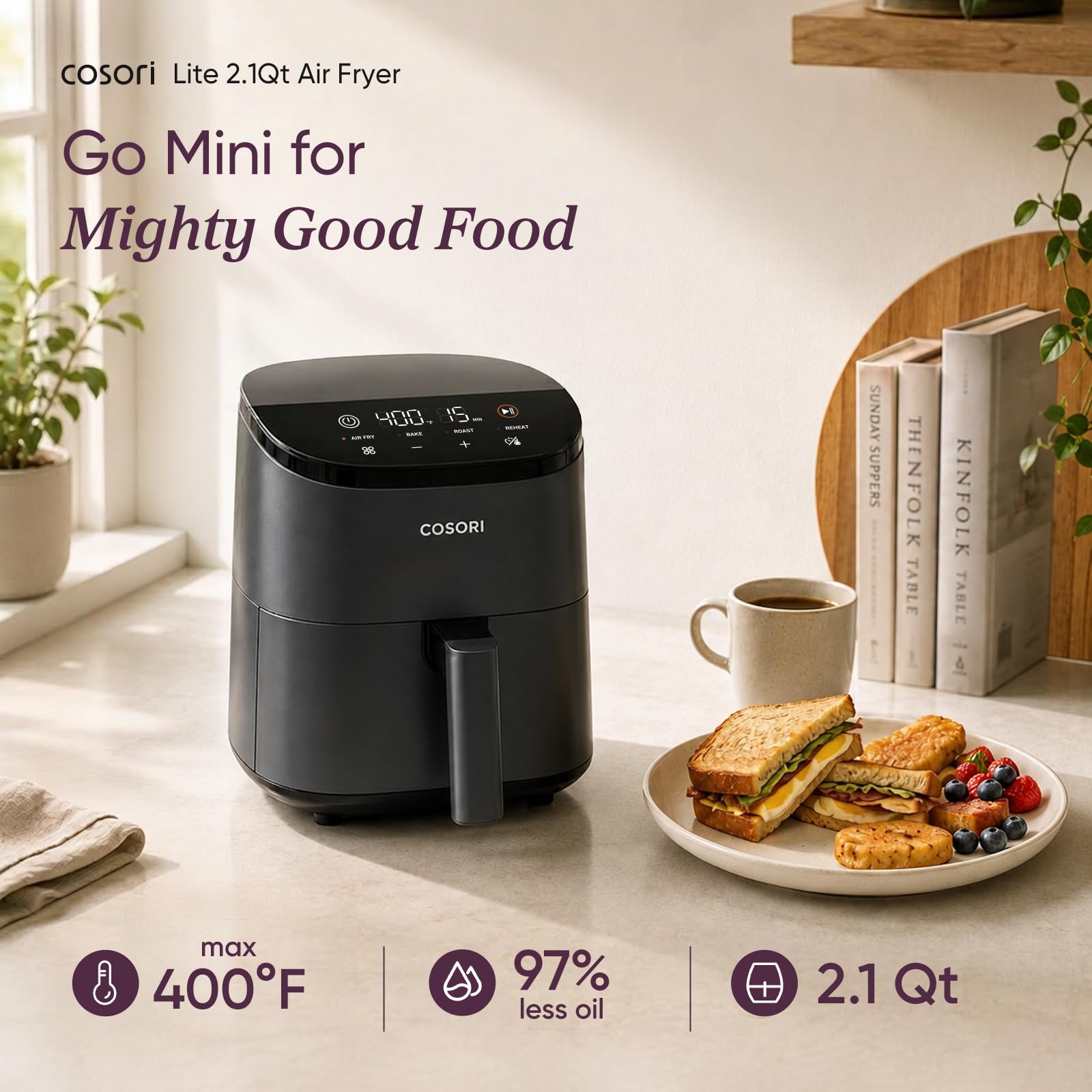 Cosori Lite rejilla y superficie interior, distribución de calor uniforme para dorado