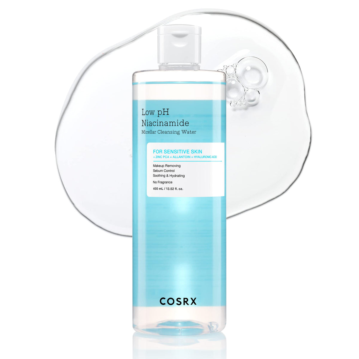 COSRX botella frontal del Low pH Niacinamide Cleansing Water beneficio limpieza suave