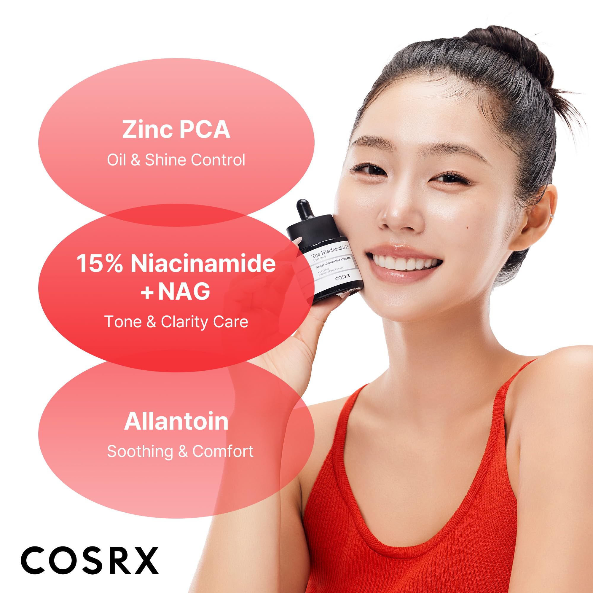 COSRX etiqueta con lista de ingredientes destacando niacinamida 15% y Zinc PCA para equilibrio