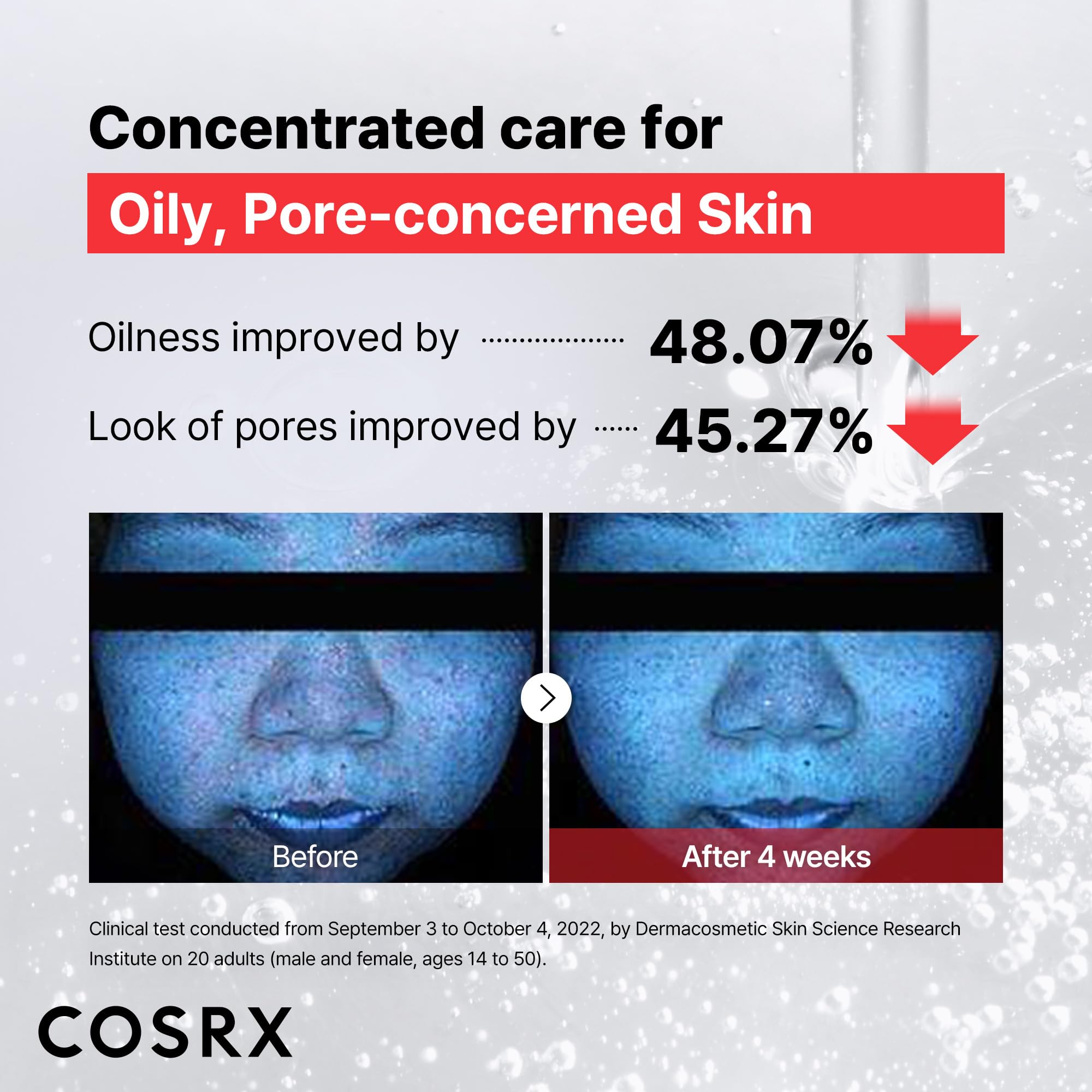 COSRX serum en uso sobre el rostro como paso de rutina para mejorar textura y poros