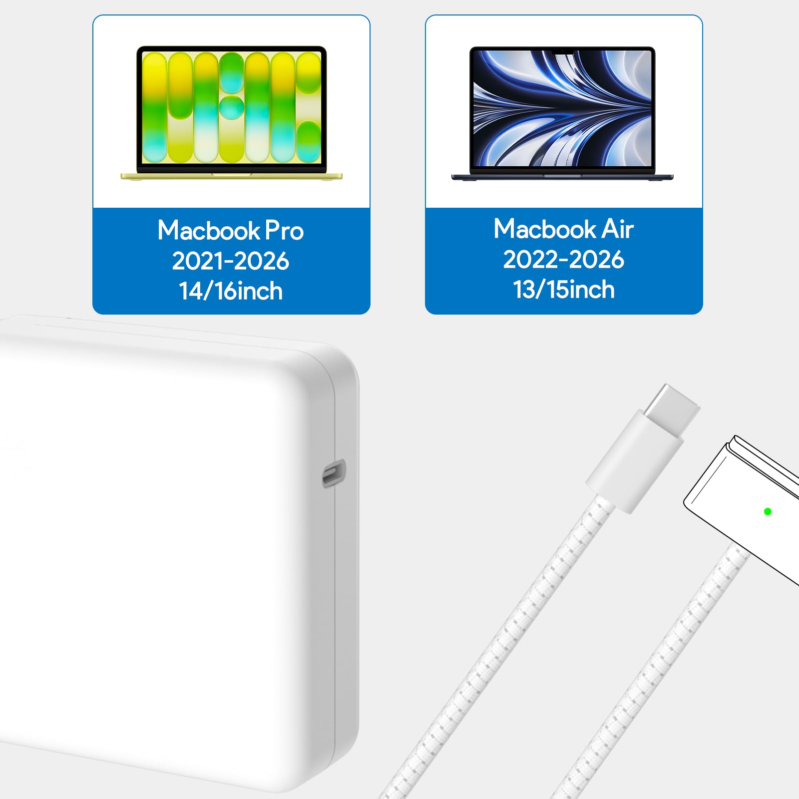 Costumebase cargador junto a MacBook para comparar tamaño y portabilidad