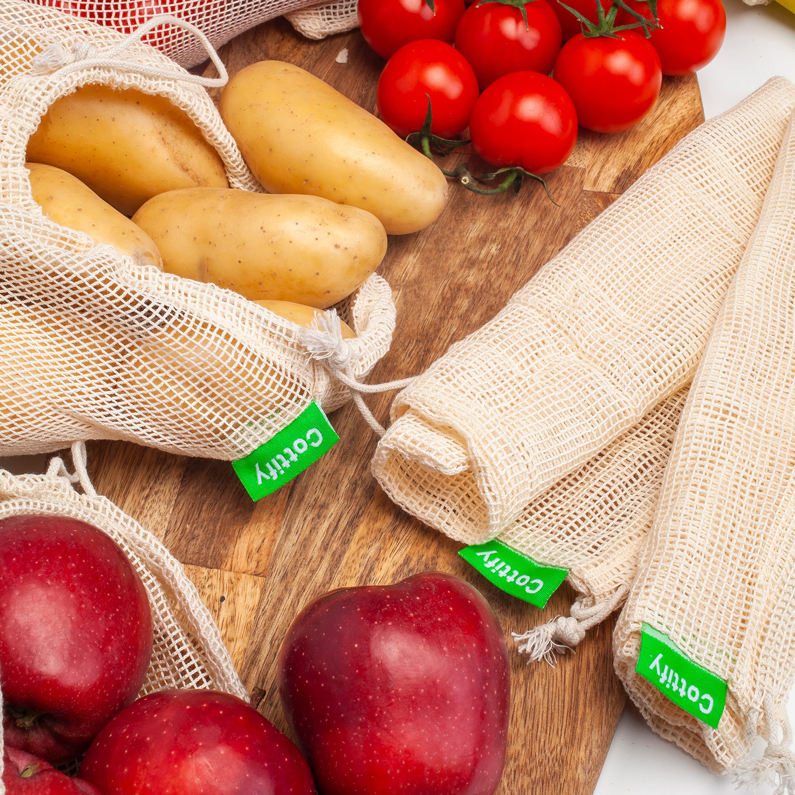 Cottify bags filled with vegetables showing organized, eco-friendly storage