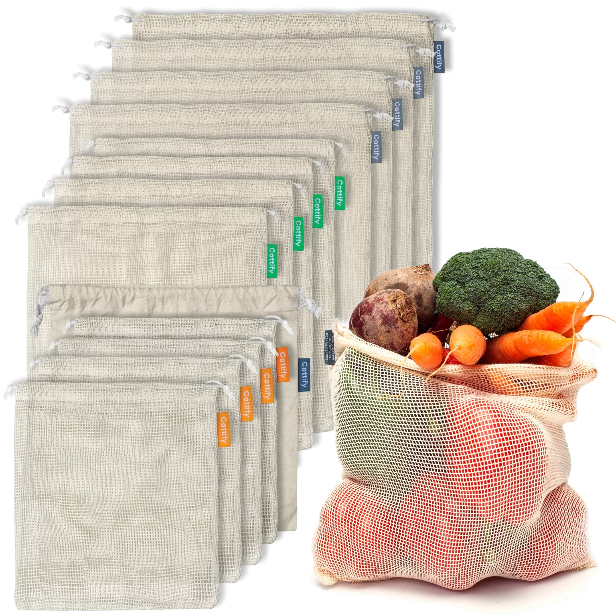 Cottify front packaging showcasing full 12+1 reusable bag set and benefits