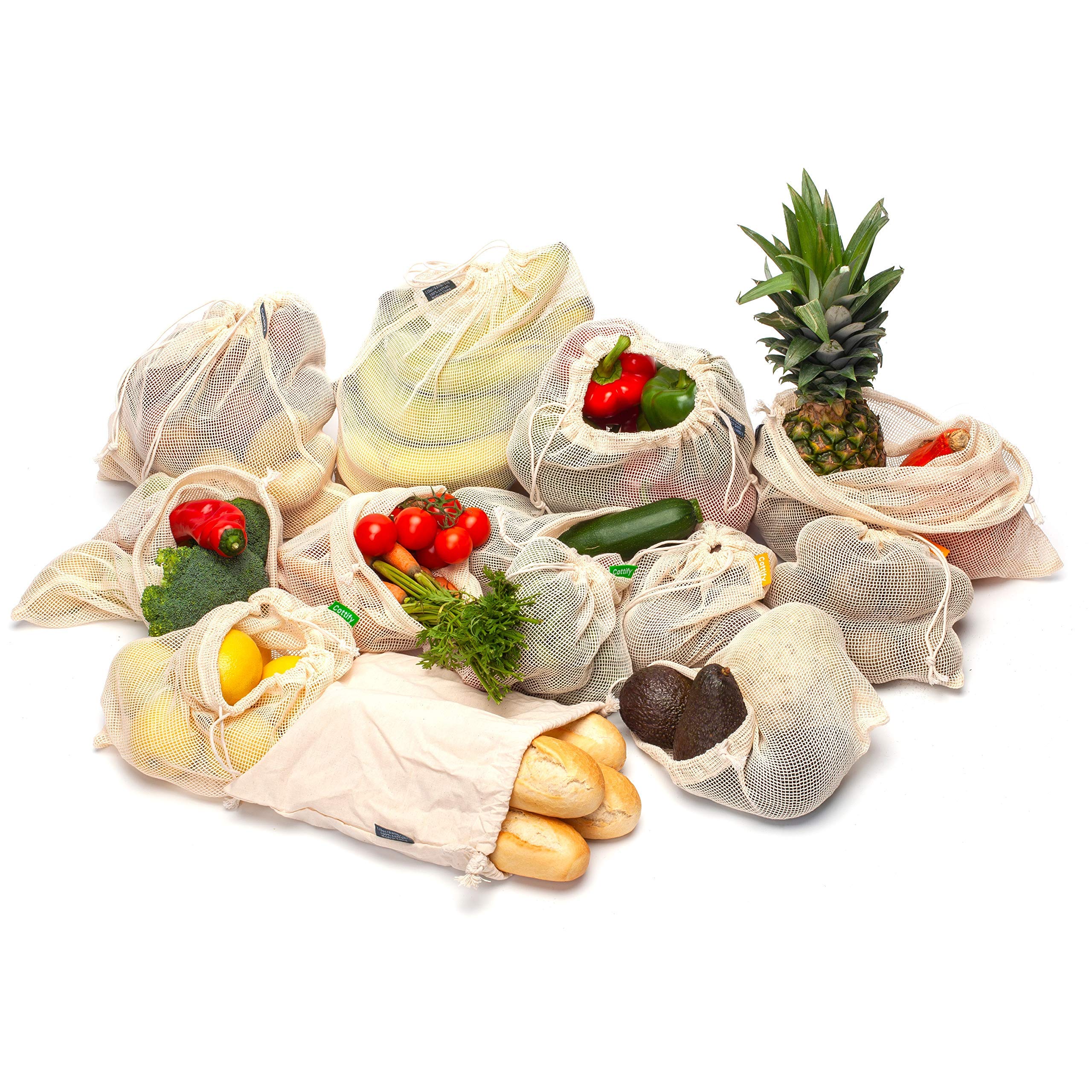 Cottify produce bags in a shopping basket reducing plastic use at checkout