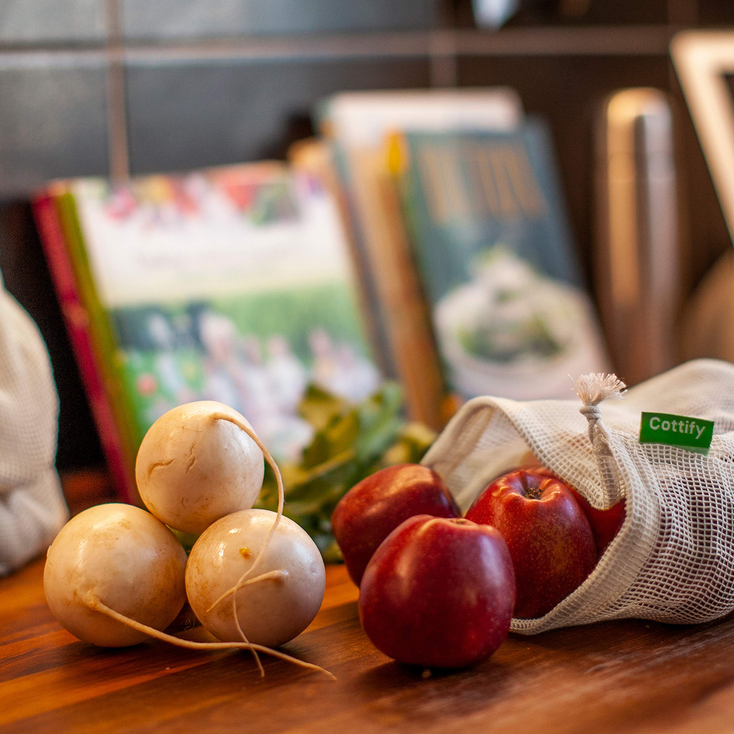 Cottify lifestyle kitchen setting with bags ready for pantry and market use