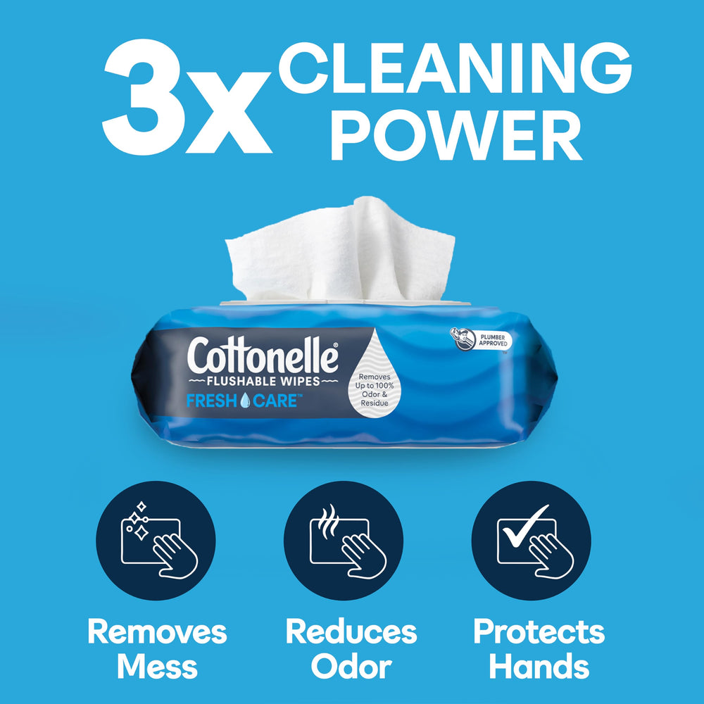 Cottonelle paquete abierto con toallita siendo extraída, dispensación fácil