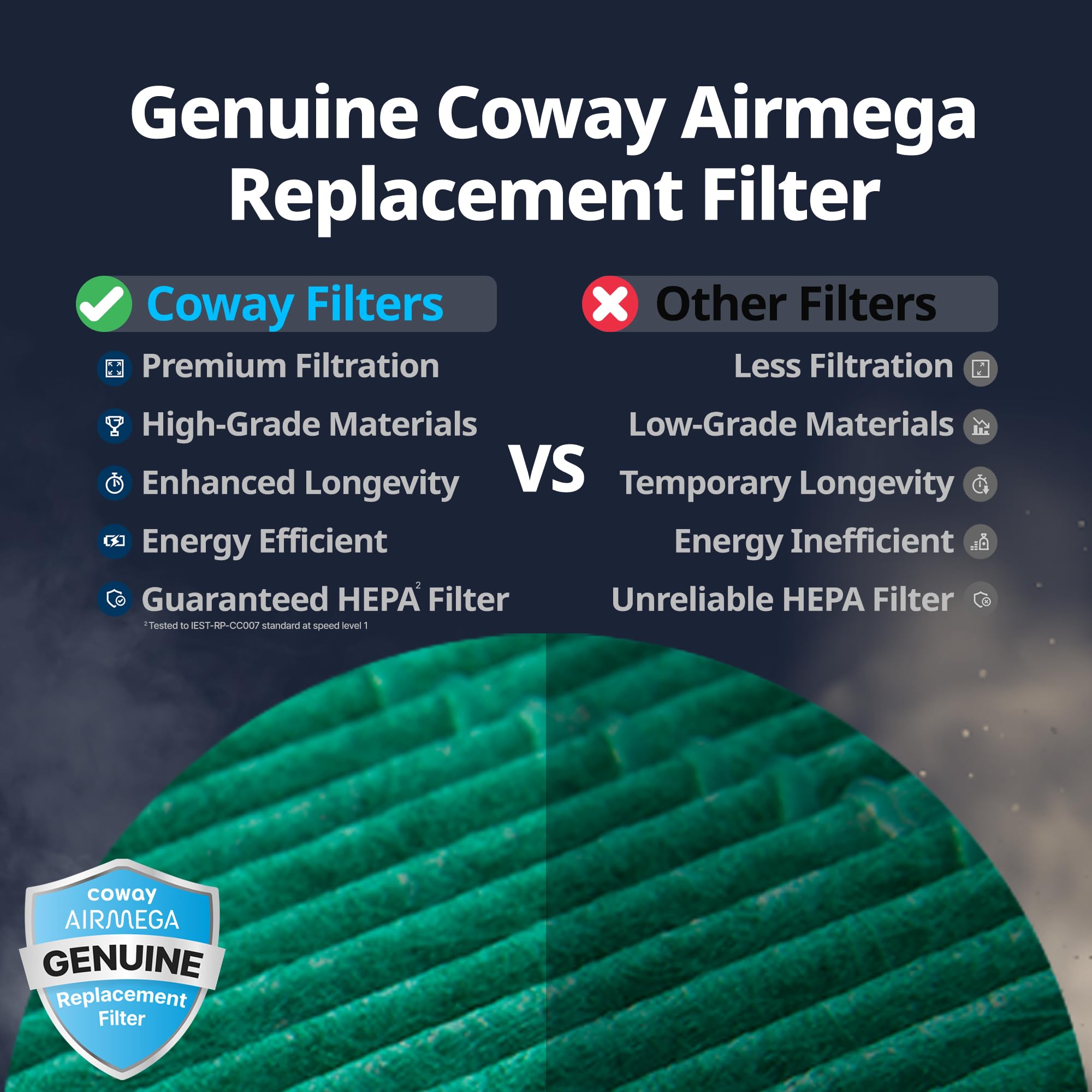Coway Airmega 150 detalle del carbón activo mostrando absorción de olores