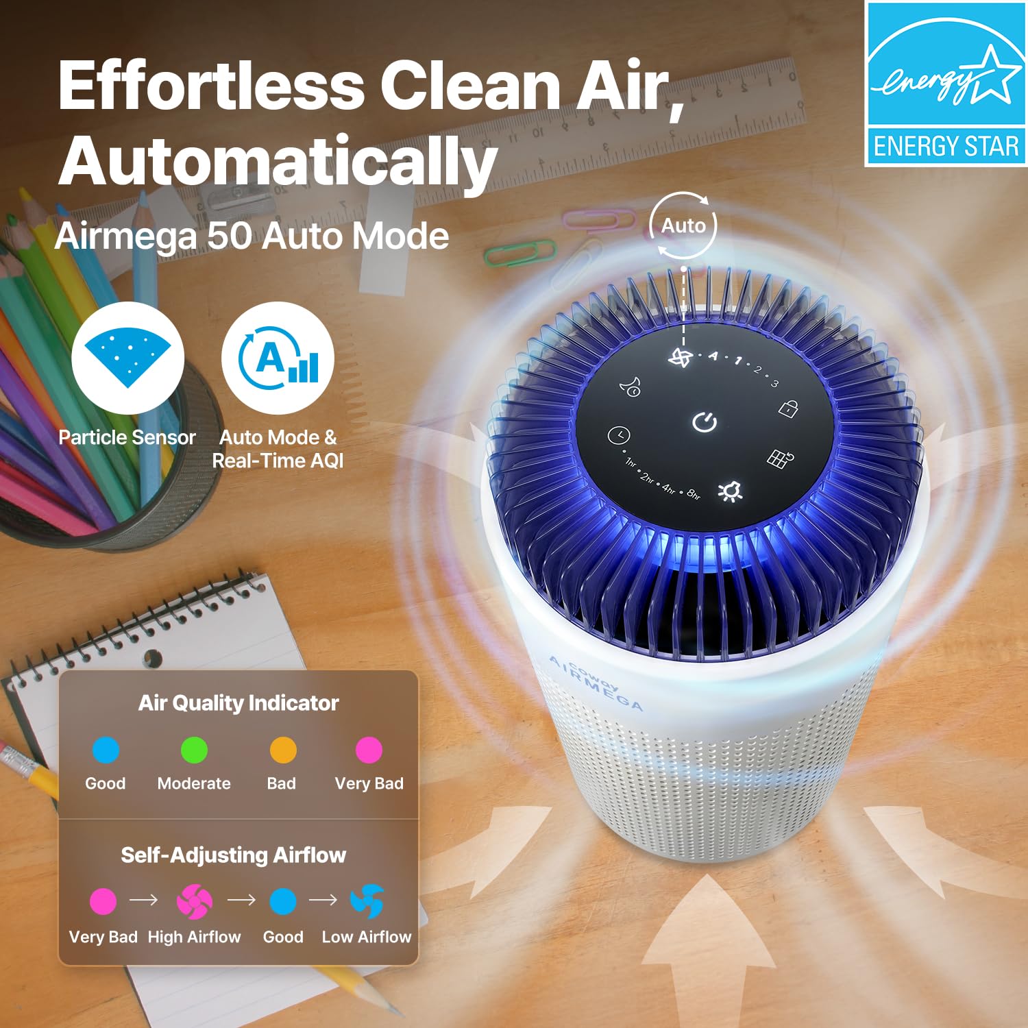 Coway Airmega 50 filtro HEPA detalle, captura alérgenos y partículas finas