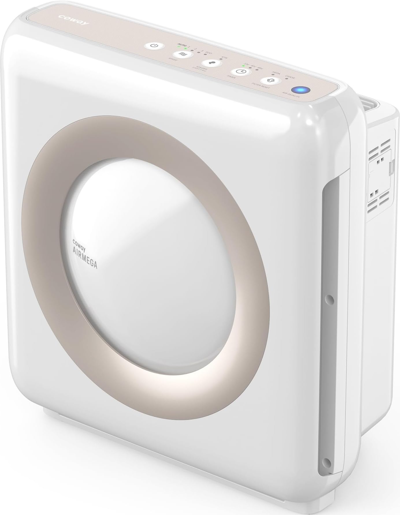 Coway AP-1512HH frontal mostrando diseño compacto y beneficio de cobertura amplia