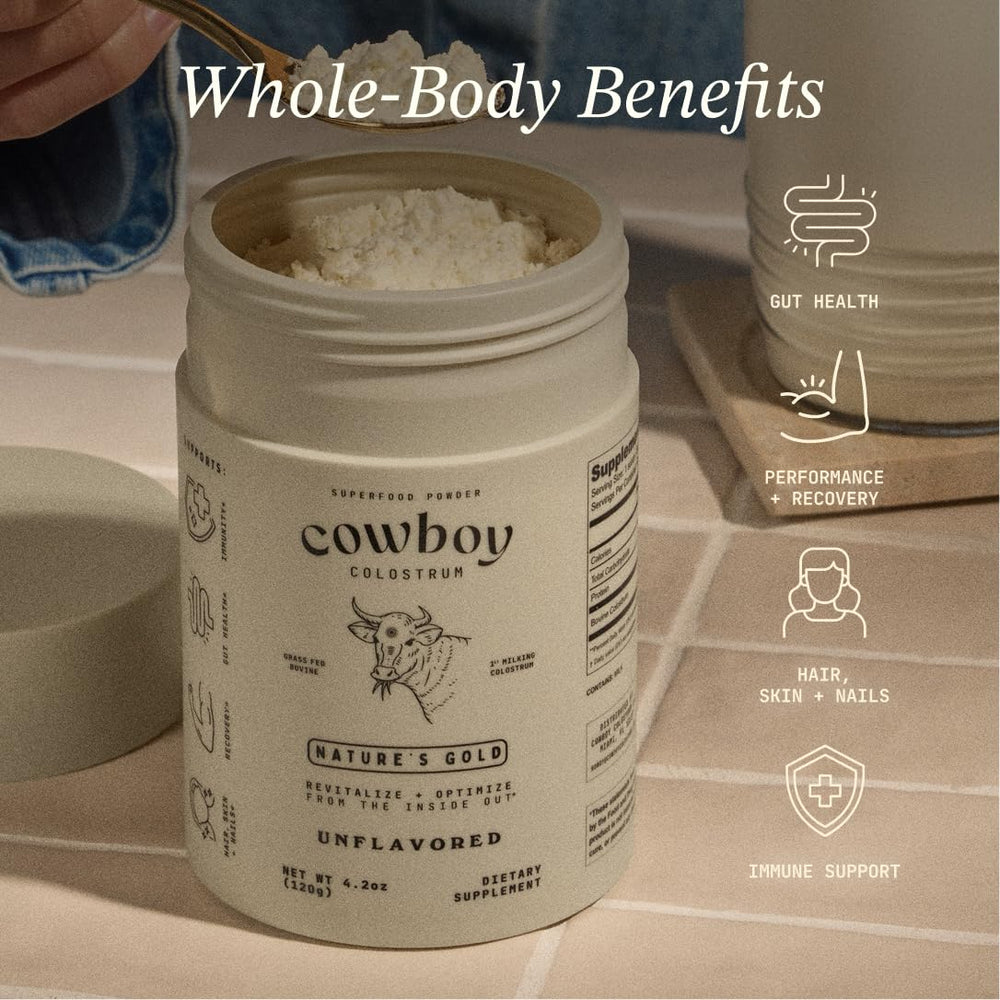 COWBOY COLOSTRUM cuchara con porción para mostrar tamaño de servicio práctico