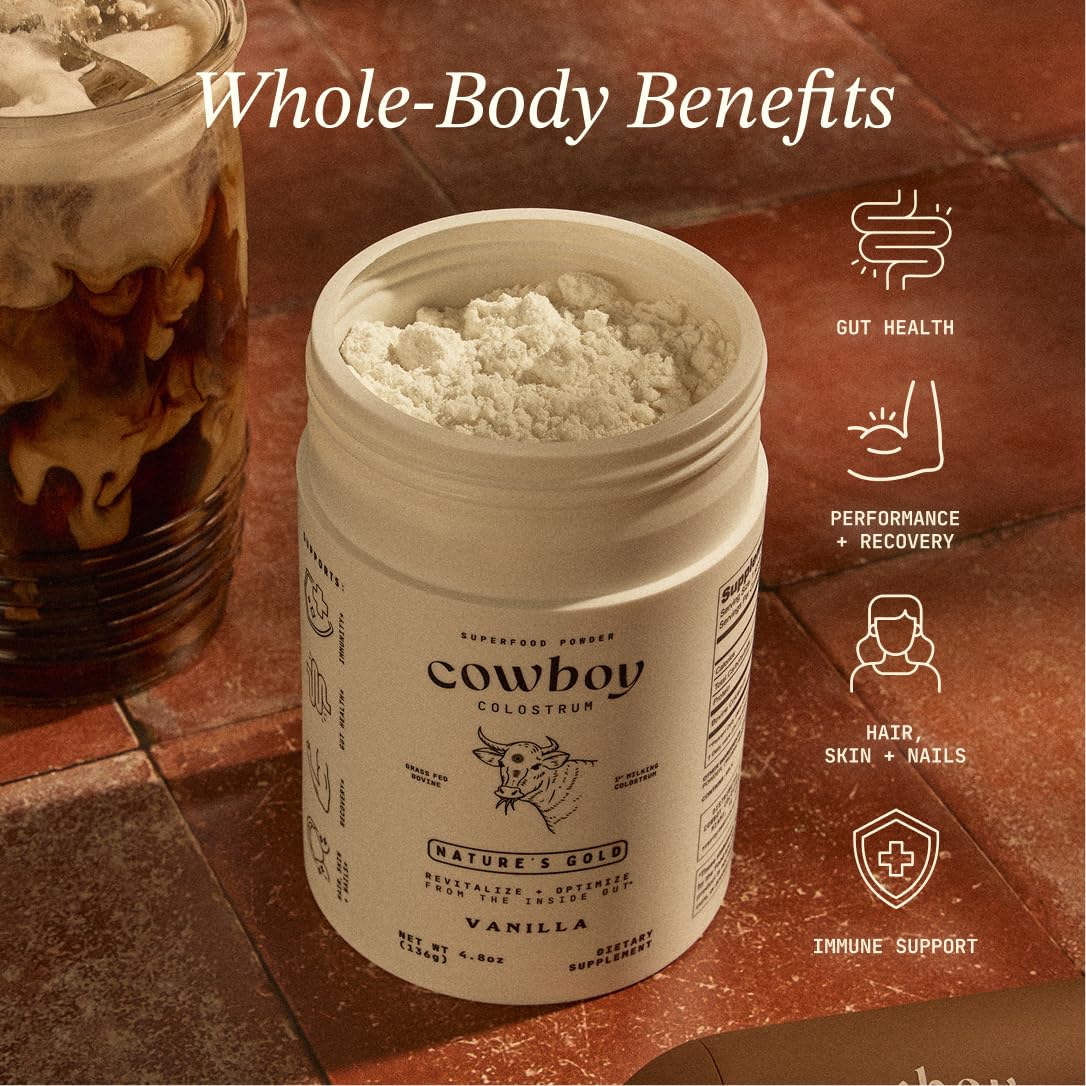 Cowboy Colostrum detalle de etiqueta resaltando la recolección del primer día